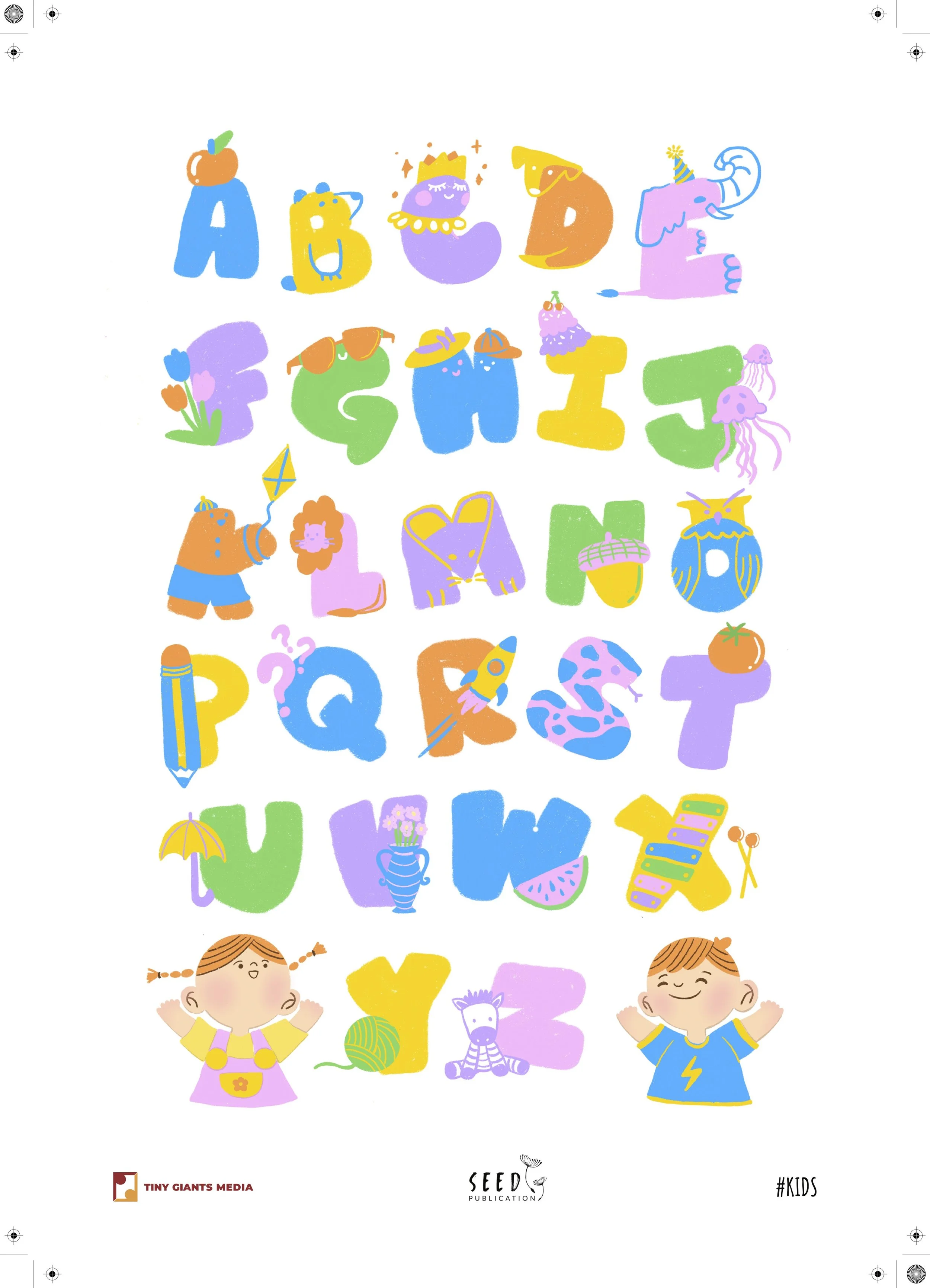 Colorful illustrated alphabet spelling out 'ABCDEF' with playful characters, animals, and objects associated with each letter on a white background.