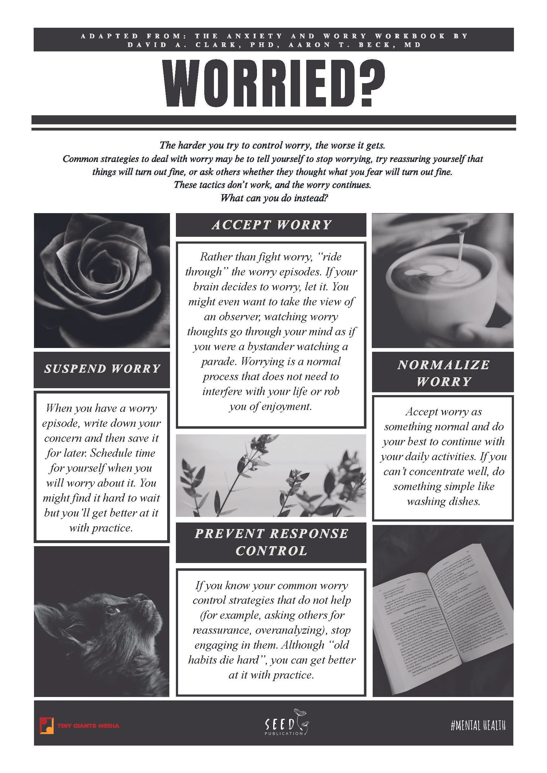 A black-and-white infographic titled 'WORRIED?' discussing strategies to manage worry, with images of a rose, a hand holding a cup, a lion, a tree branch, and an open book, featuring sections on accepting worry, suspending worry, normalizing worry, p
