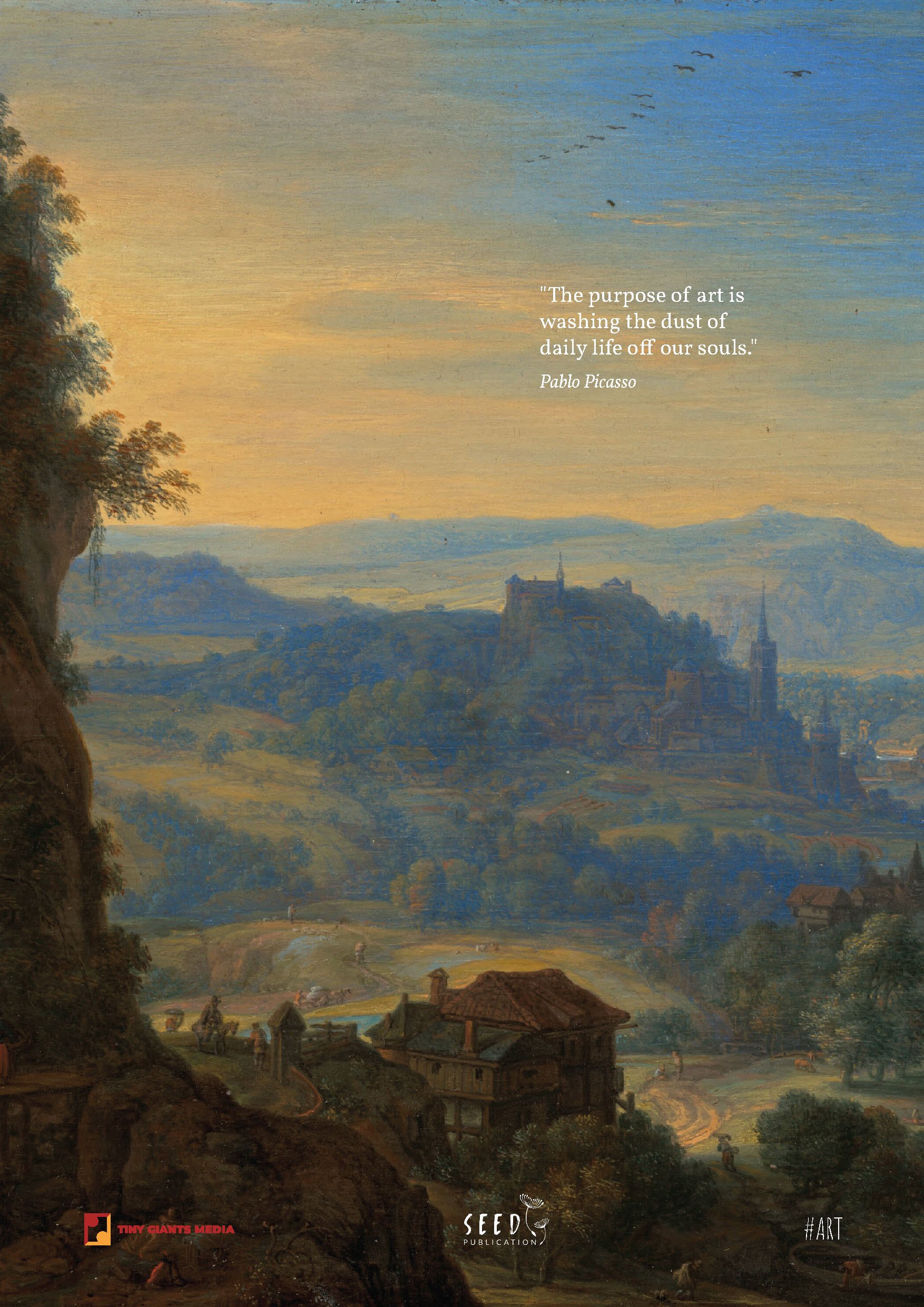 A landscape painting of a European village at sunset, with rolling hills, houses, trees, and a church steeple in the distance, under a sky with clouds and birds.