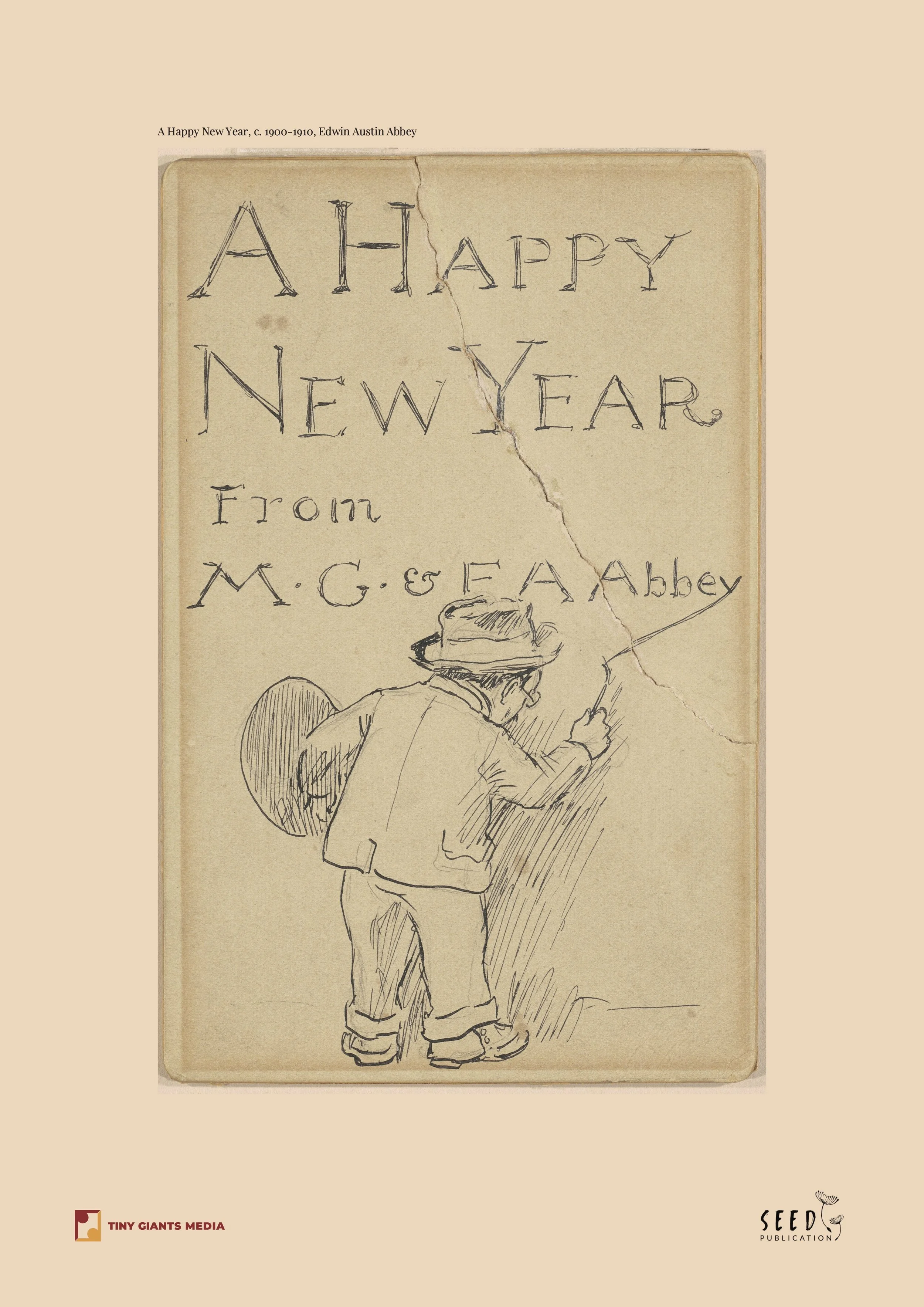A vintage postcard with a hand-drawn illustration of a person wearing a hat, carrying a backpack, and writing in a notebook, with the text "A Happy New Year" and a caption "From M. G. & E. A. Abbey".