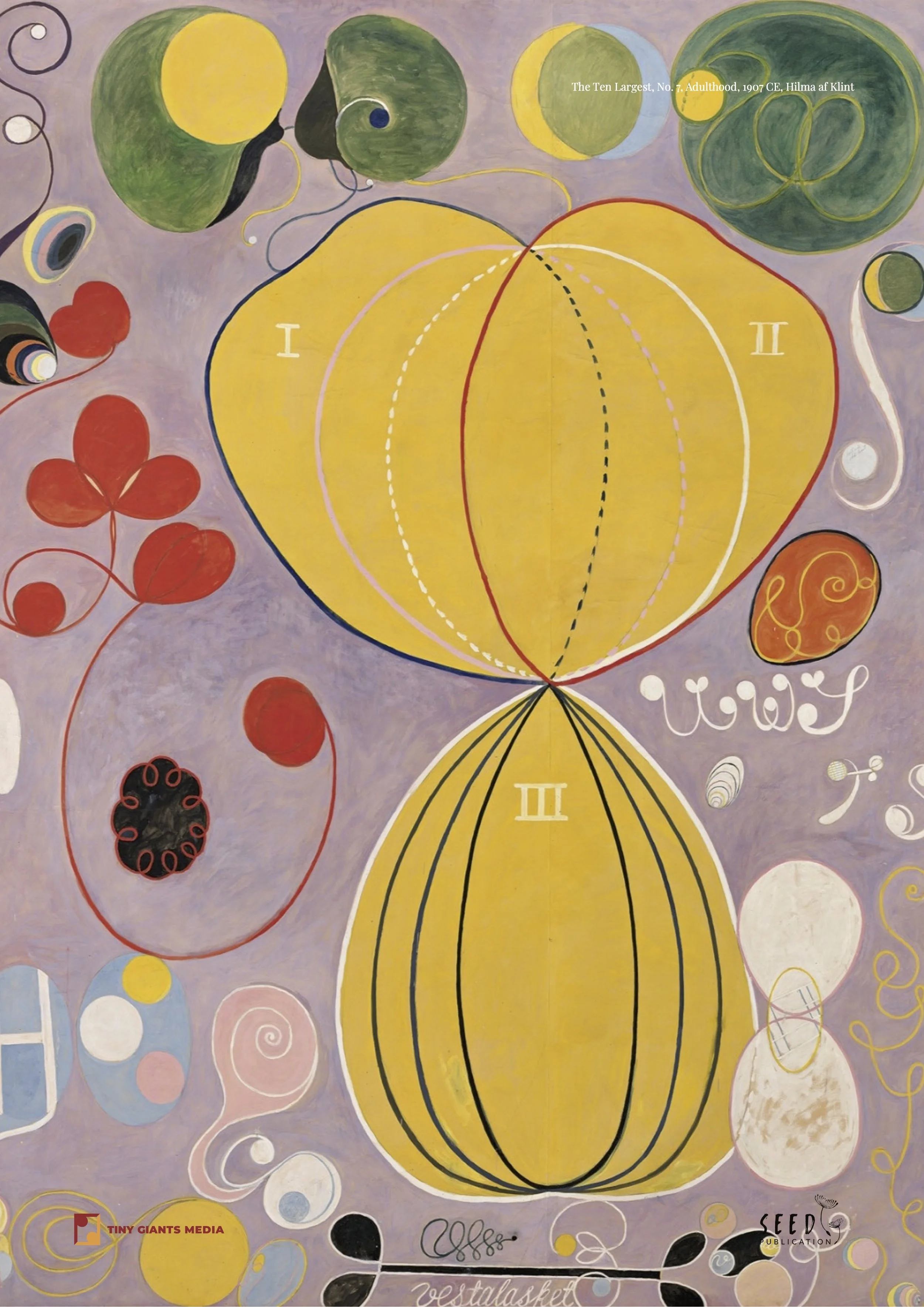 Colorful abstract painting featuring multiple circles and ovals in various sizes and colors including yellow, green, red, black, and white. There are lines and patterns connecting some of the shapes. Some text is visible, reading 'The Ten Largest, No