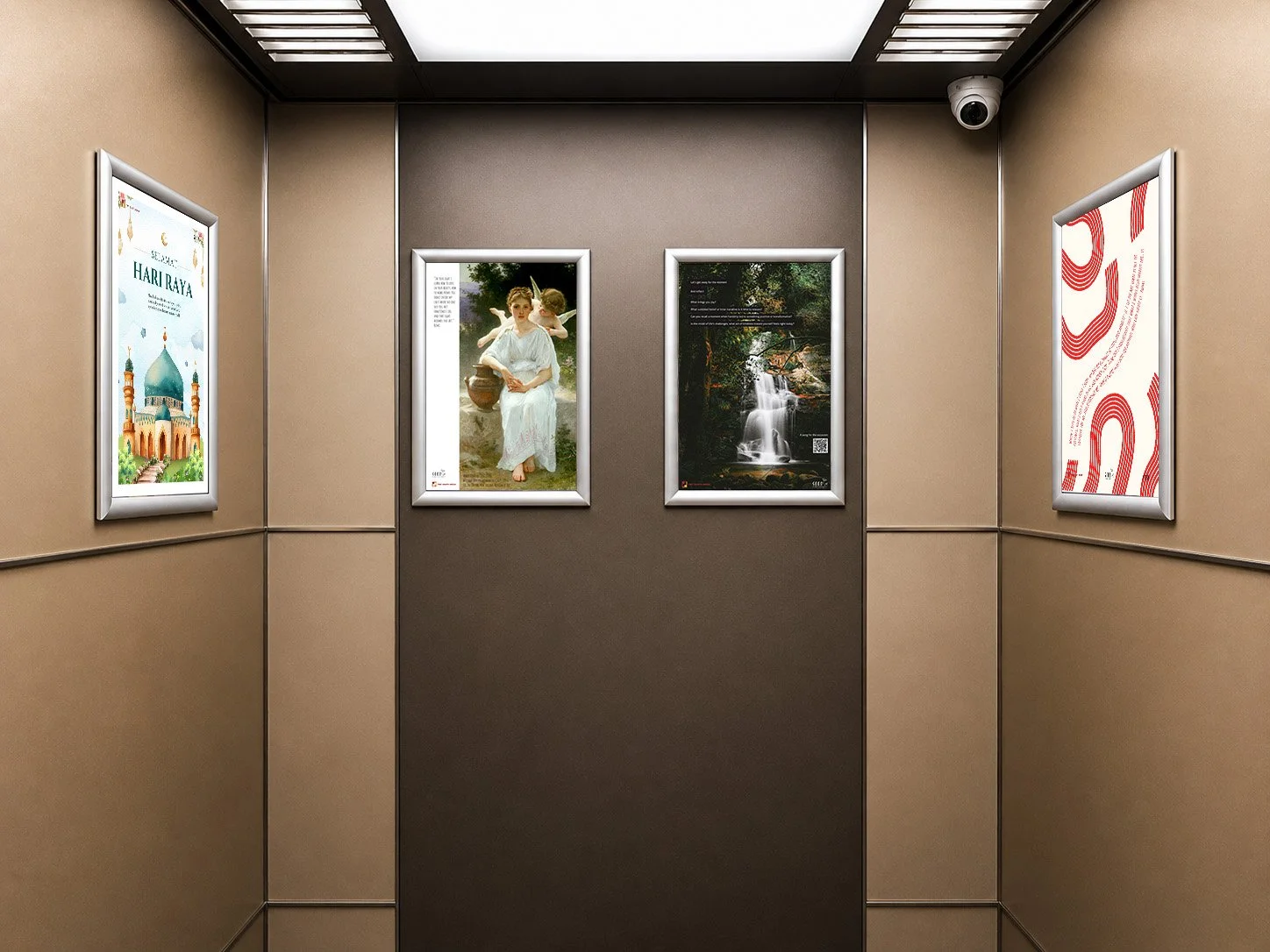 Four framed posters hanging inside an elevator with beige walls and a gray center panel. The posters on the left and right are partially visible, displaying artistic and decorative designs, while the middle two posters feature images of a woman dressed in white with children and a waterfall scene.