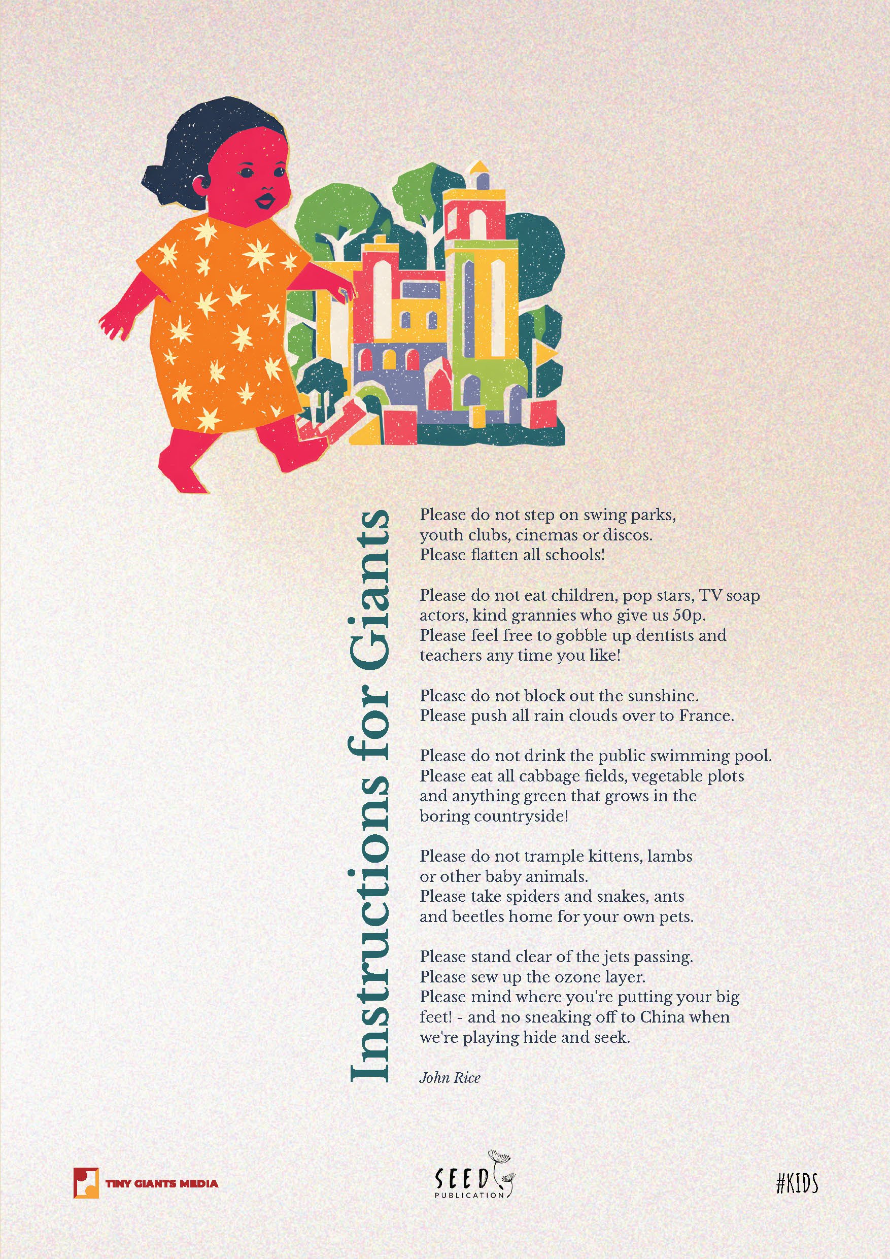 A colorful illustrated image of a young girl with black hair in a bun, wearing an orange dress with star patterns, standing next to a castle and trees. There is text with rules and guidelines for children in a playful style, and logos of Tiny Giants 