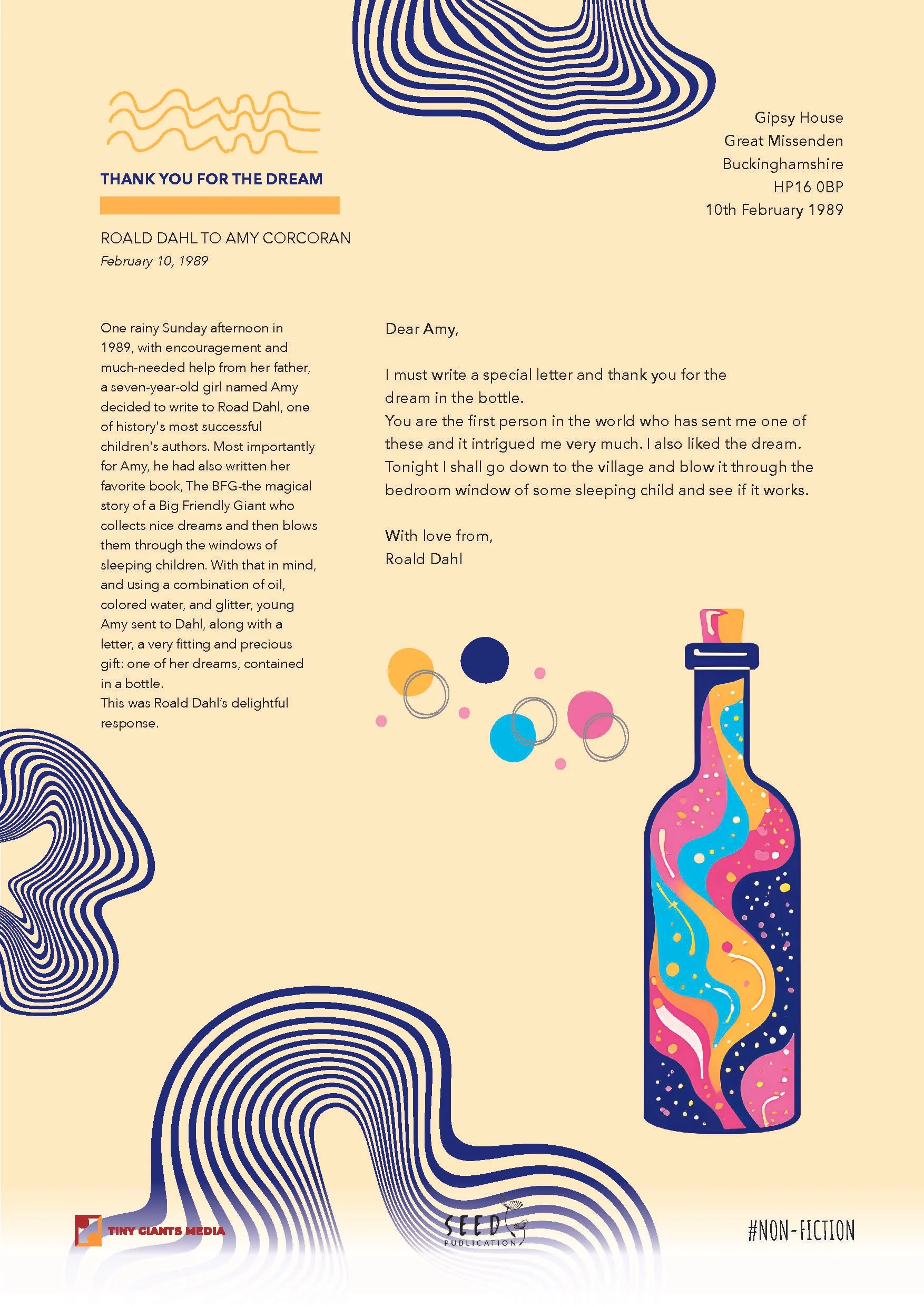 A colorful, abstract illustration of a tall, narrow bottle with swirling patterns in pink, blue, yellow, and black. The background has a beige gradient with various black, wavy, and circular line patterns.