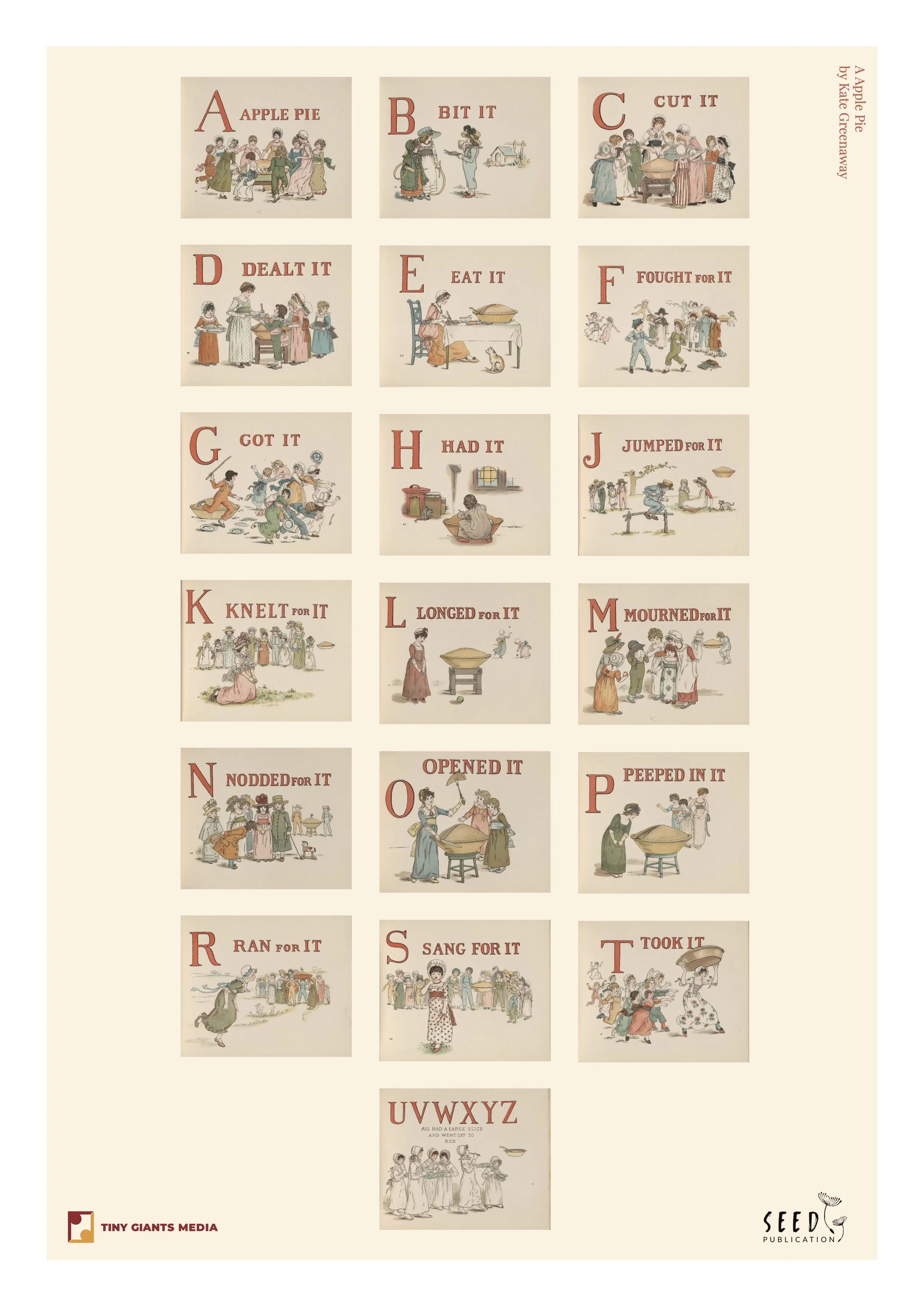A vintage illustrated alphabet poster with each letter paired with an image depicting people or activities from historical times, such as dancing, sewing, and playing. The poster is titled 'A to Z' and includes captions like 'Apple Pie,' 'Bit It,' 'C