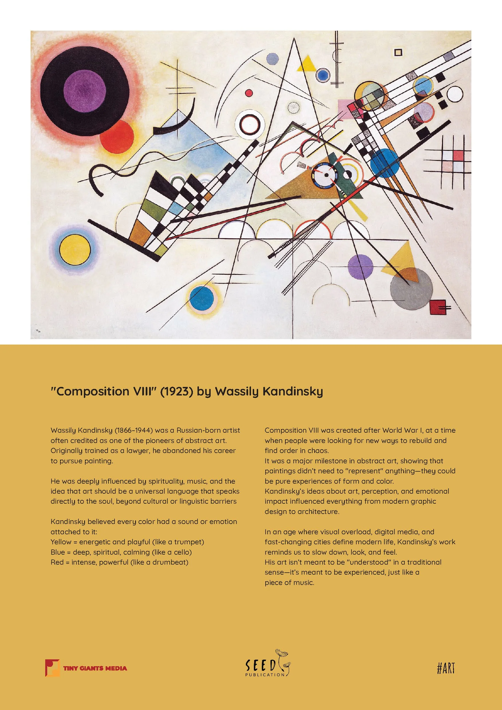 Photograph of a colorful abstract painting with geometric shapes and lines, titled 'Composition VIII' by Wassily Kandinsky, with a description of Kandinsky's influence and style.