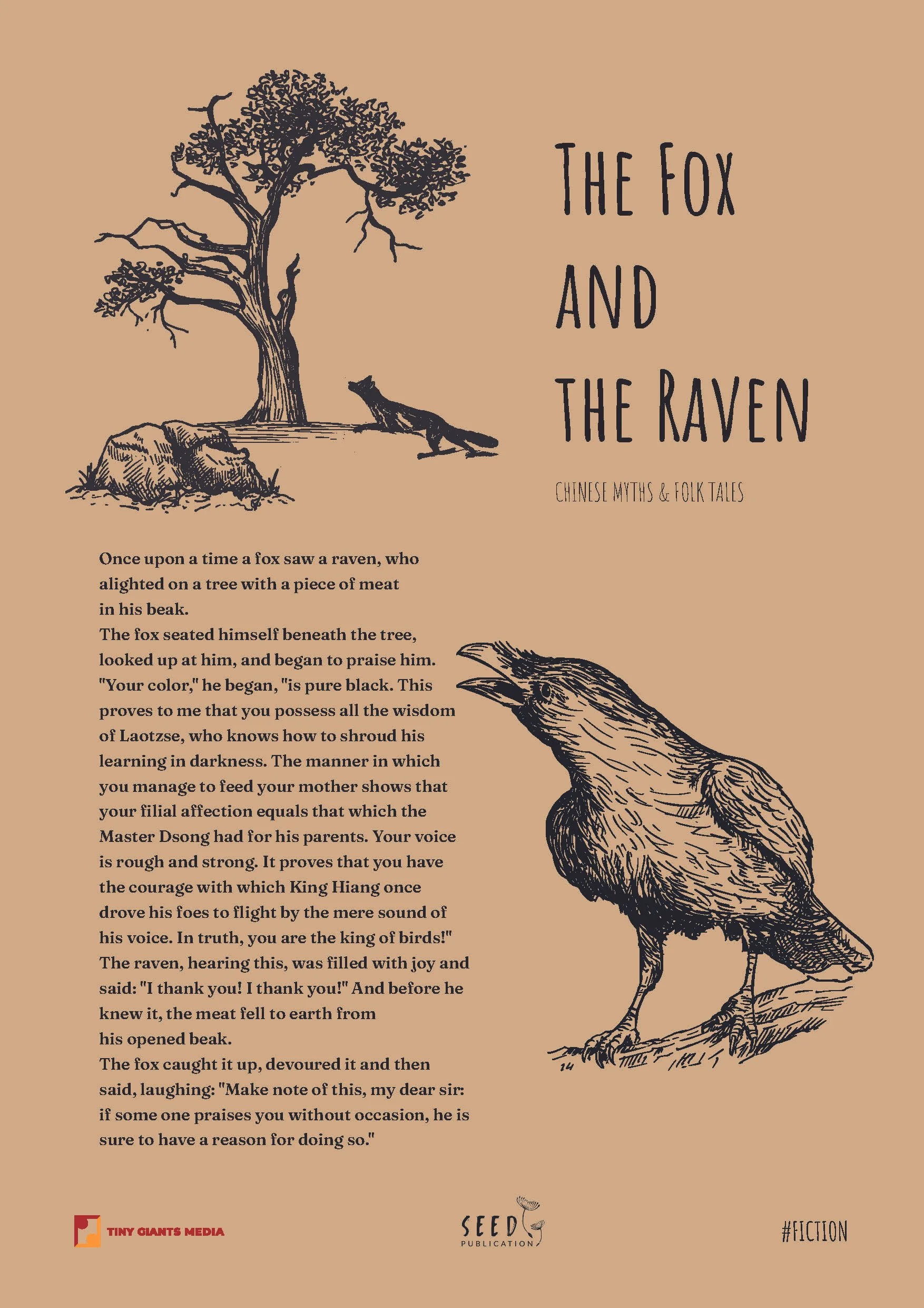 Cover of a book titled 'The Fox and the Raven' with an illustration of a fox sitting beneath a tree and a raven on a branch, surrounded by text excerpts about Chinese myths and folk tales.