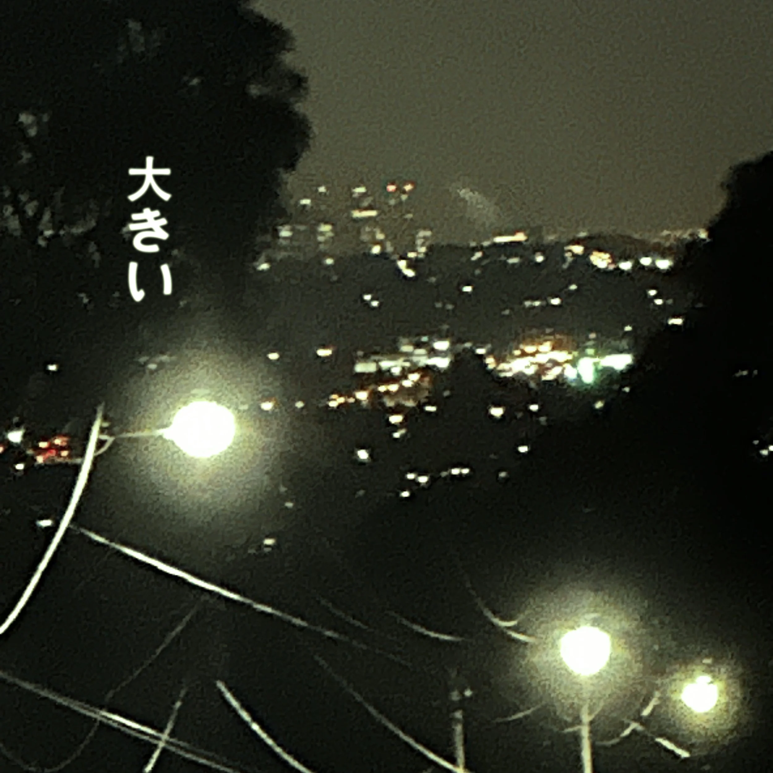 Nighttime view of a city with illuminated streetlights, dark trees on the left, and power lines crossing the scene, with Japanese characters overlayed and blurry distant lights.