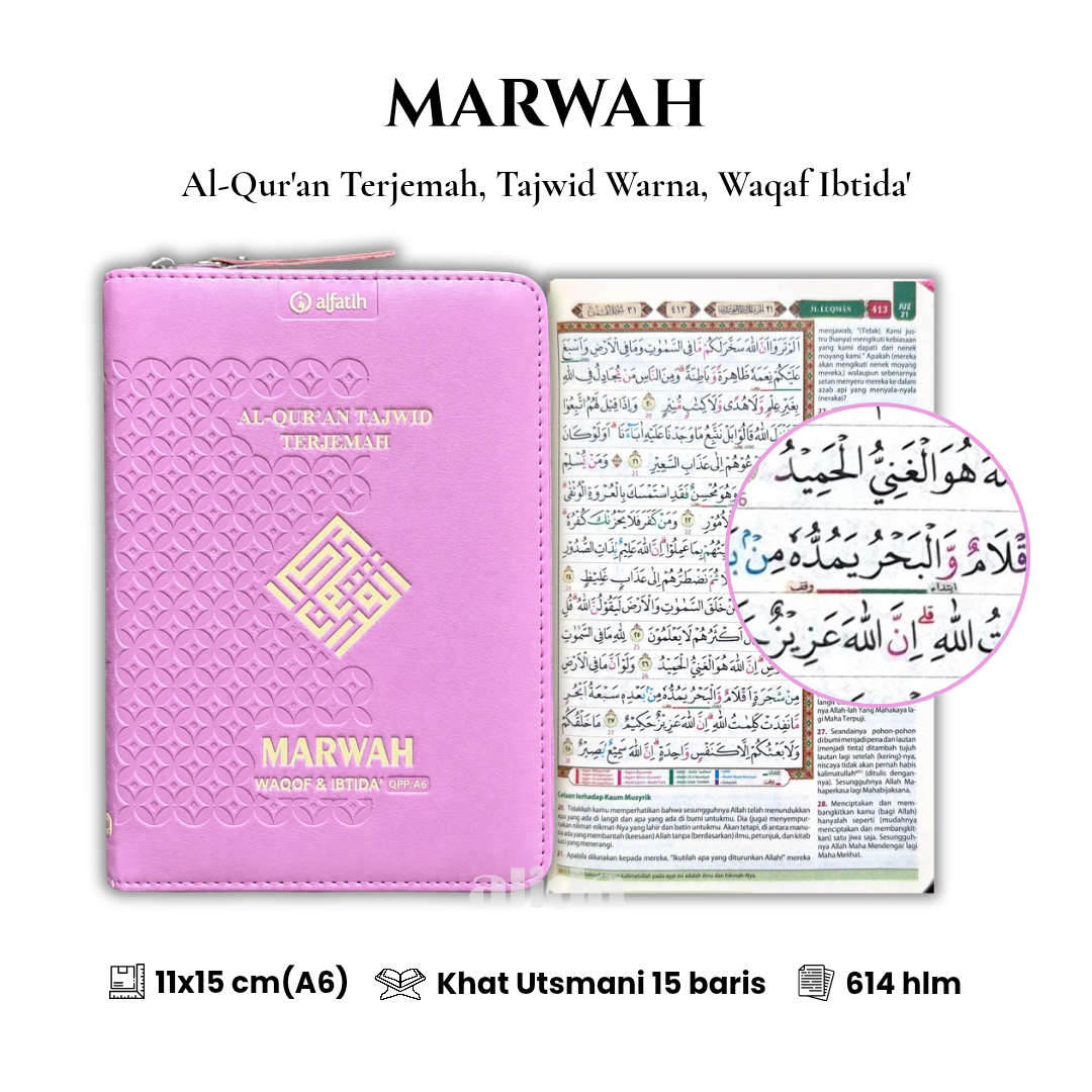 [Ukuran A6] Al-Quran MARWAH Terjemah Tajwid Warna Waqaf Ibtida Alquran Terjemahan Alfatih Quran