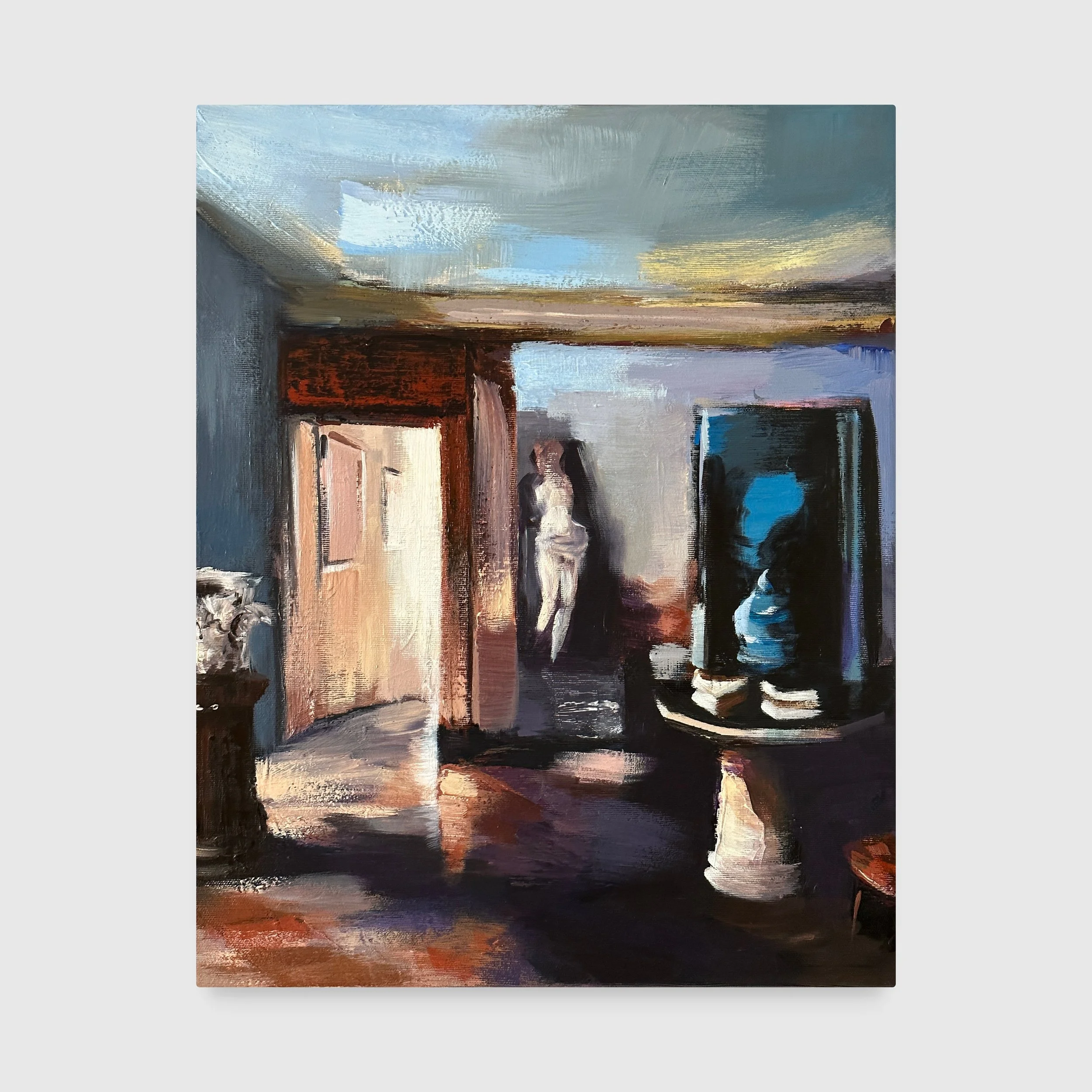 Beim Antiquar (At the Antique Shop), 2023. Acrylic on canvas — 50 x 40 cm / 20 x 16 in. Private collection © Carola Dewor