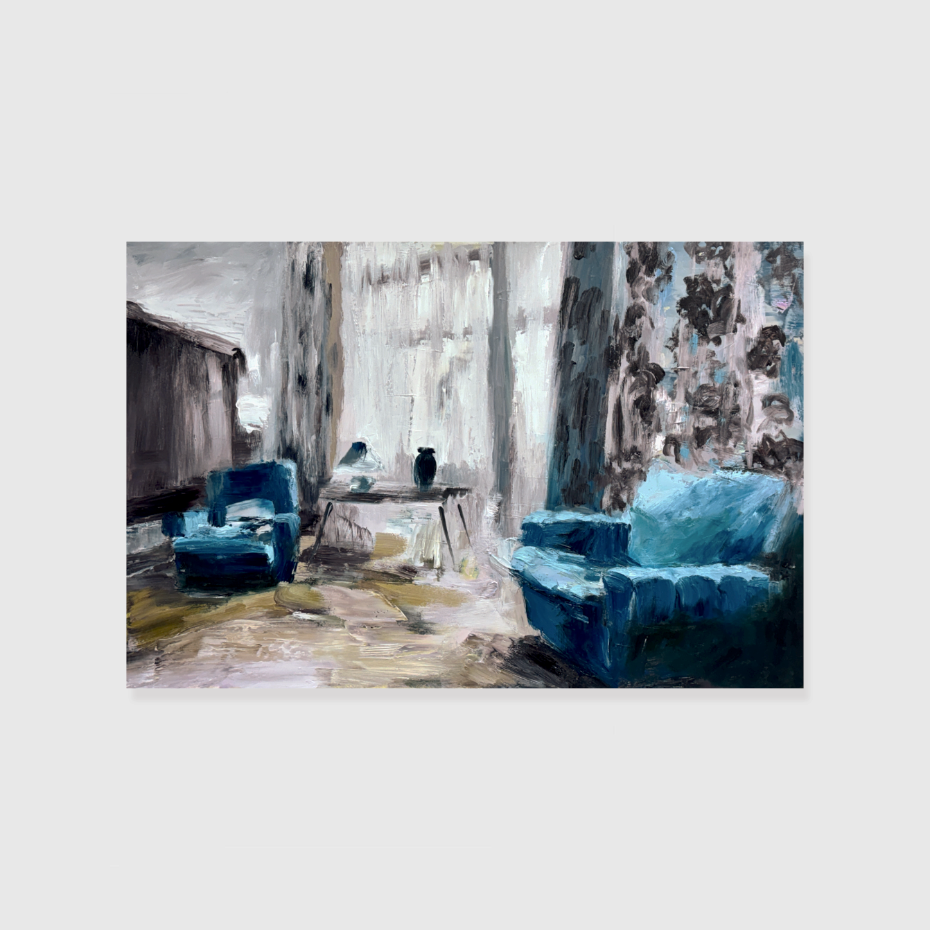 Blauer Salon (Blue Salon), 2026. Oil on HDF board — 60 x 90 cm / 24 x 35 in © Carola Dewor