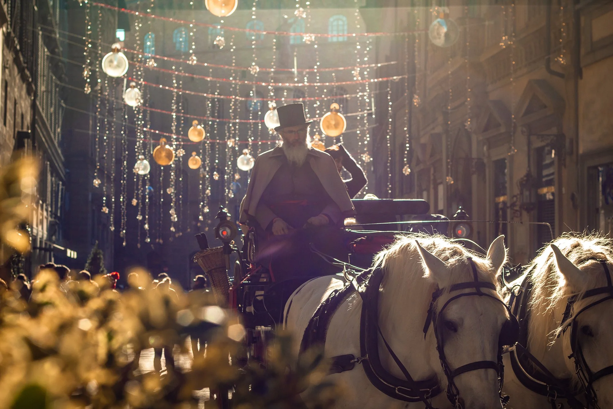 Horse-drawn carriage illuminated by festival lights during a cultural celebration in  italy