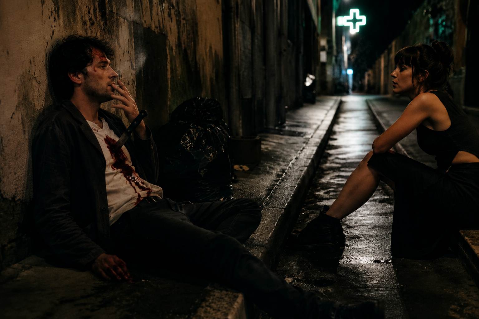 A wounded man sits alone in an alley in Something Has To Die, a dark romantic comedy short film by Daniel Aguilar Liriano.