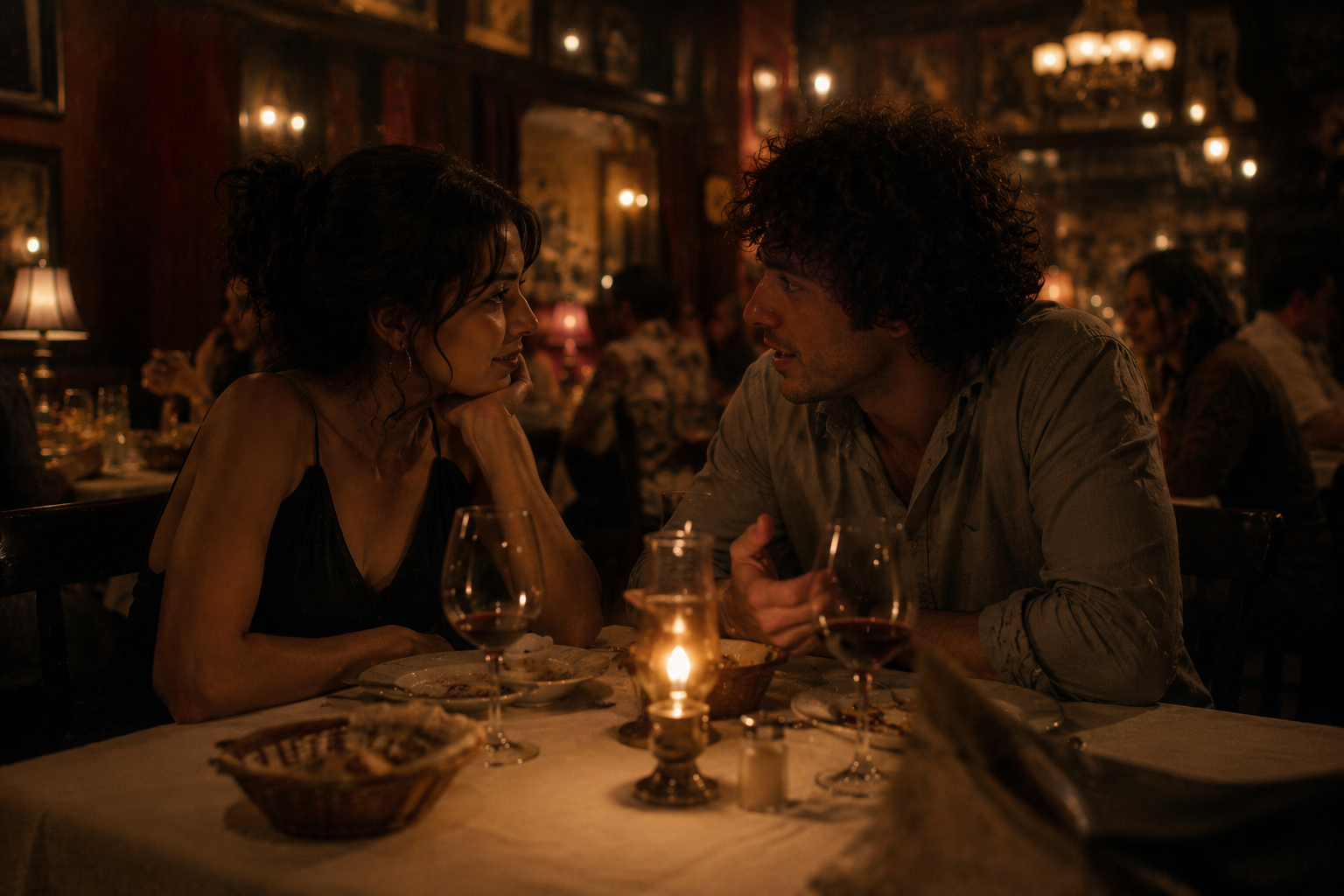 Man and woman sharing a romantic moment at a dimly lit restaurant, seated at a table with wine glasses and candles.