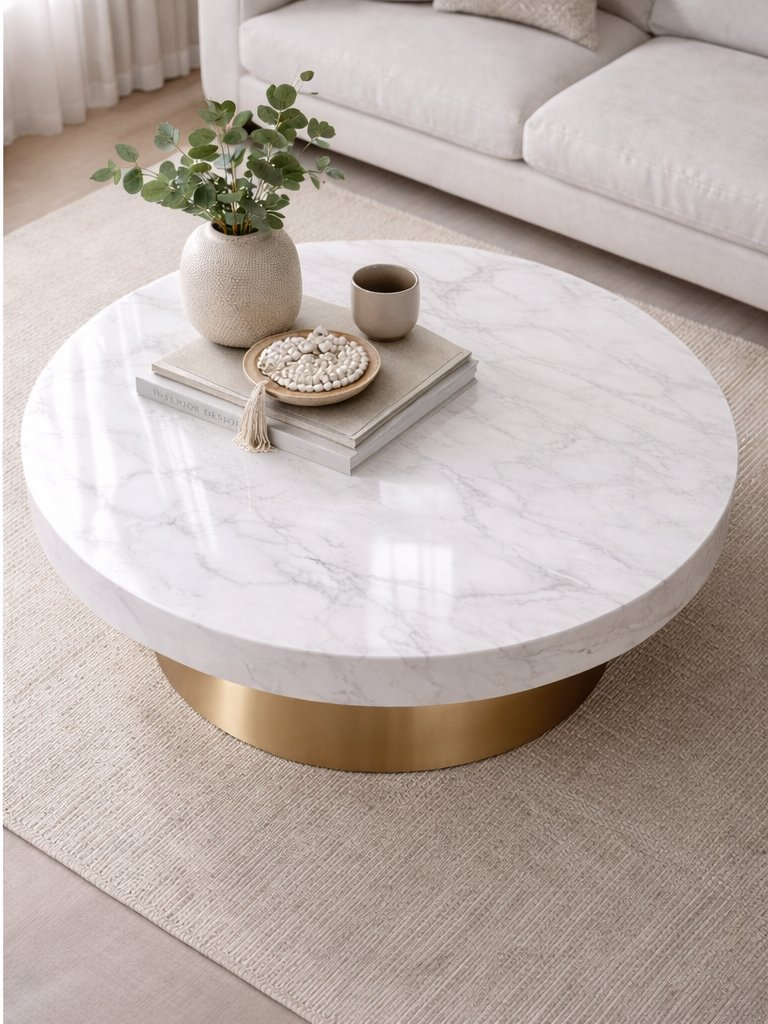 A round white marble coffee table with a gold base, placed on a beige rug in a living room. On the table, there's a potted green plant, a stack of two books, a small dish with white beads, and a coffee mug.