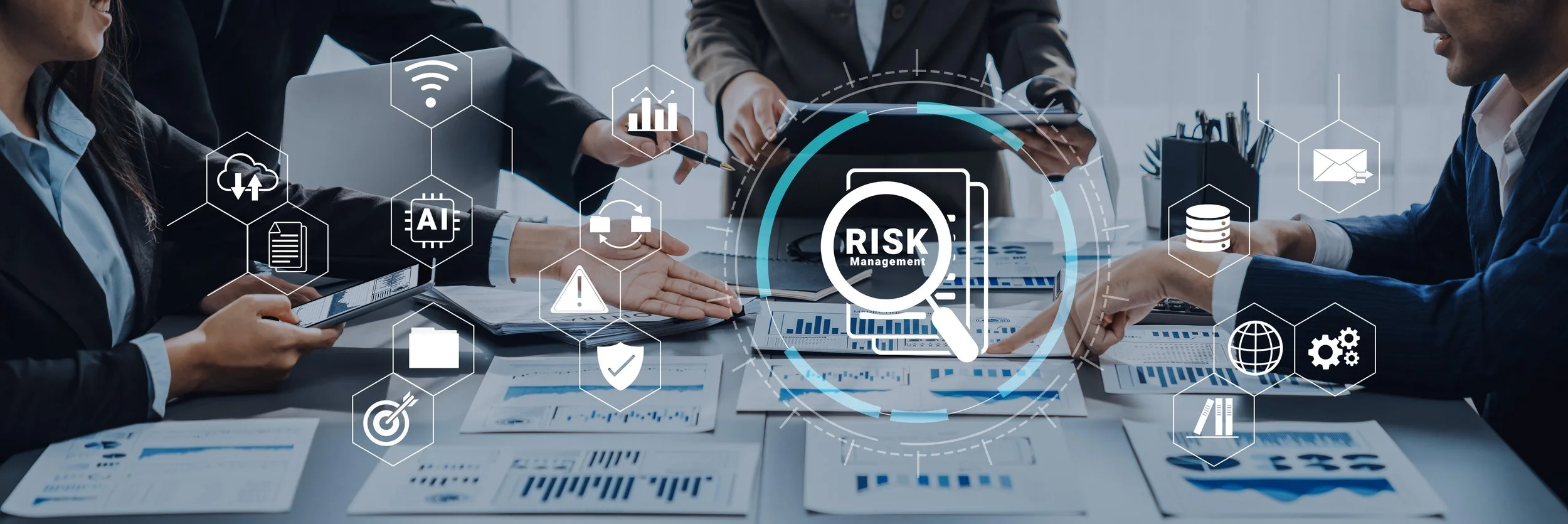 Business meeting with digital icons and graphs overlay, focused on risk management.