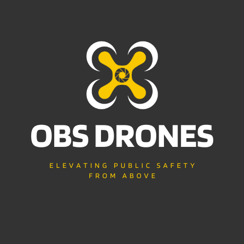 Logo for OBS Drones with a yellow drone icon and the tagline "Elevating Public Safety from Above" on a dark background.