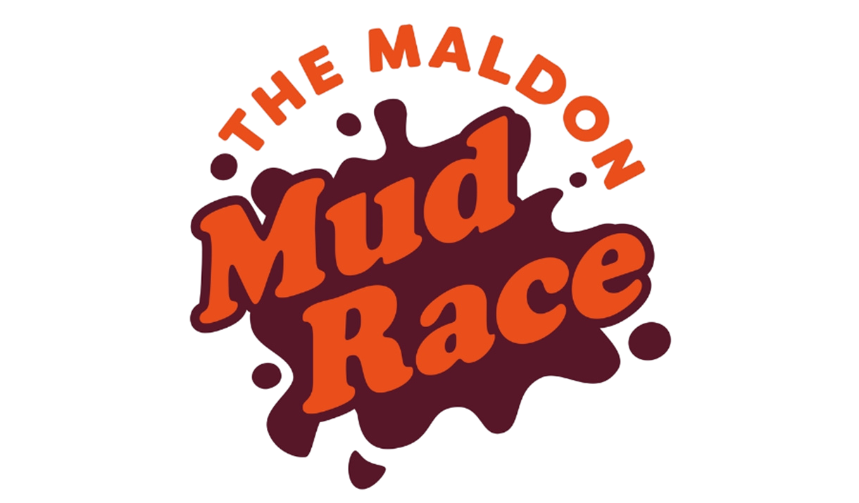 Logo for the game 'The Maldon Mud Race' with stylized red and orange text and a splash background.
