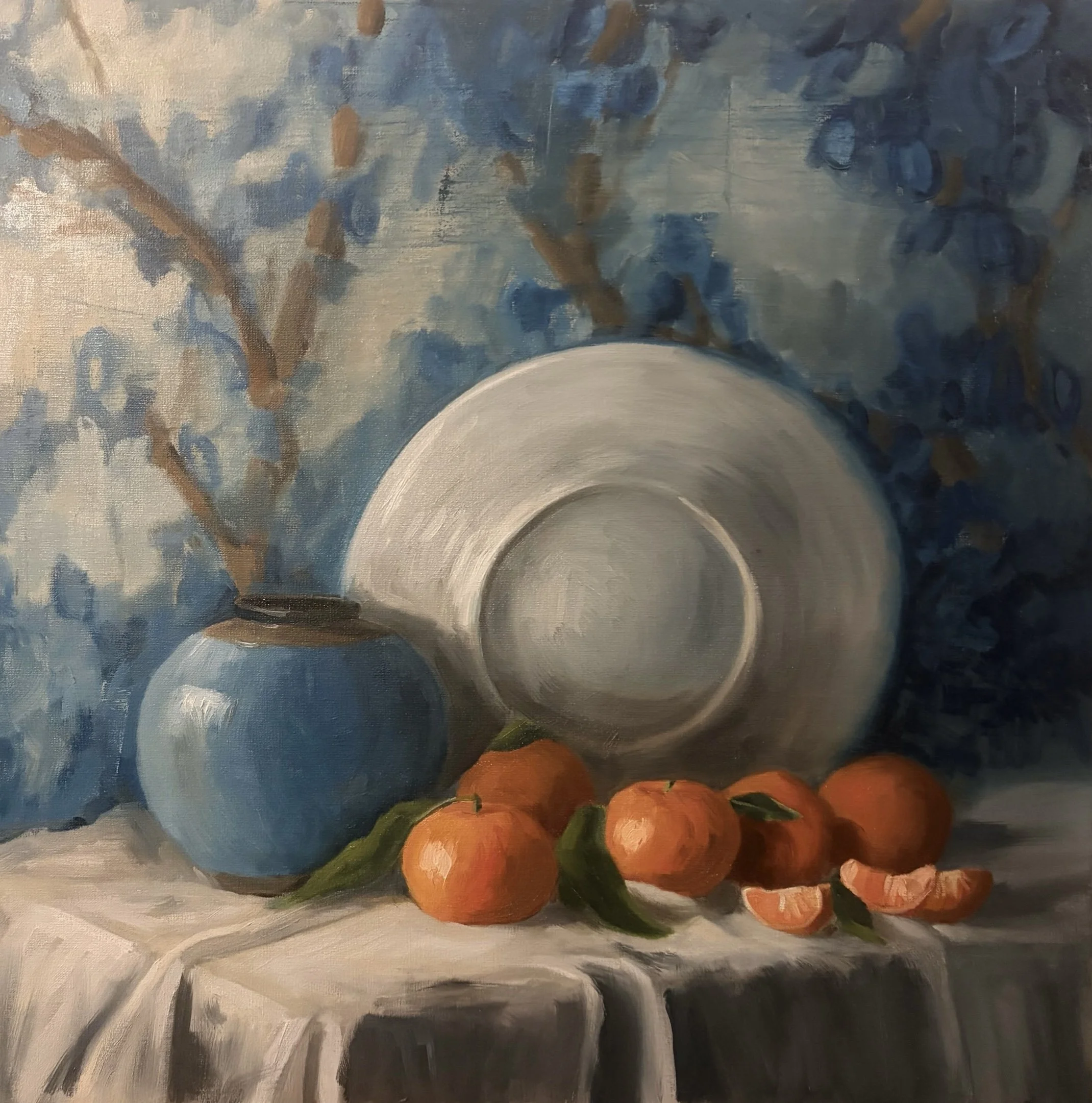 Still life with tangerines and French wallpaper