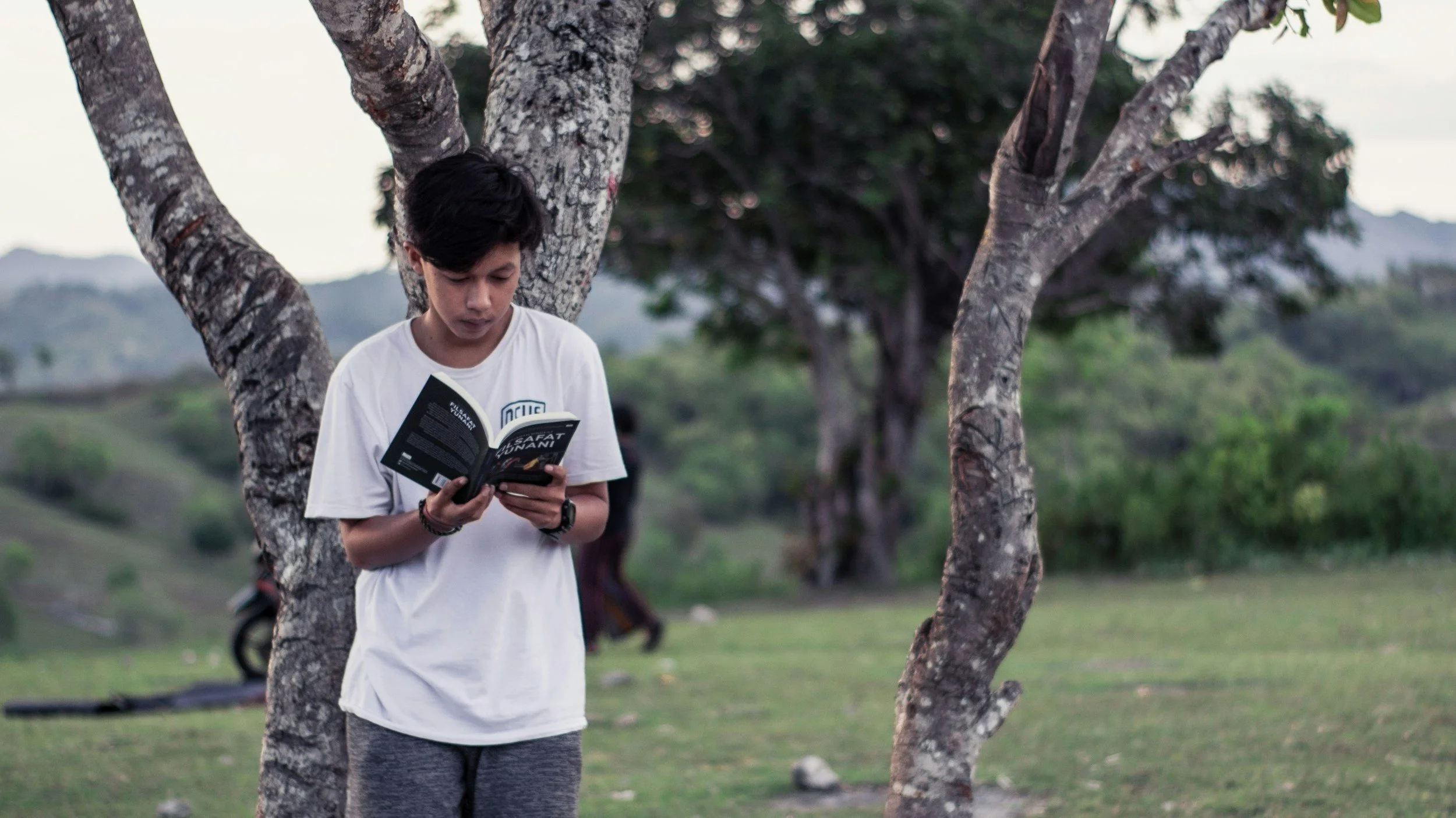 Student standing outside reading a book under a tree. Always Better English tutoring.