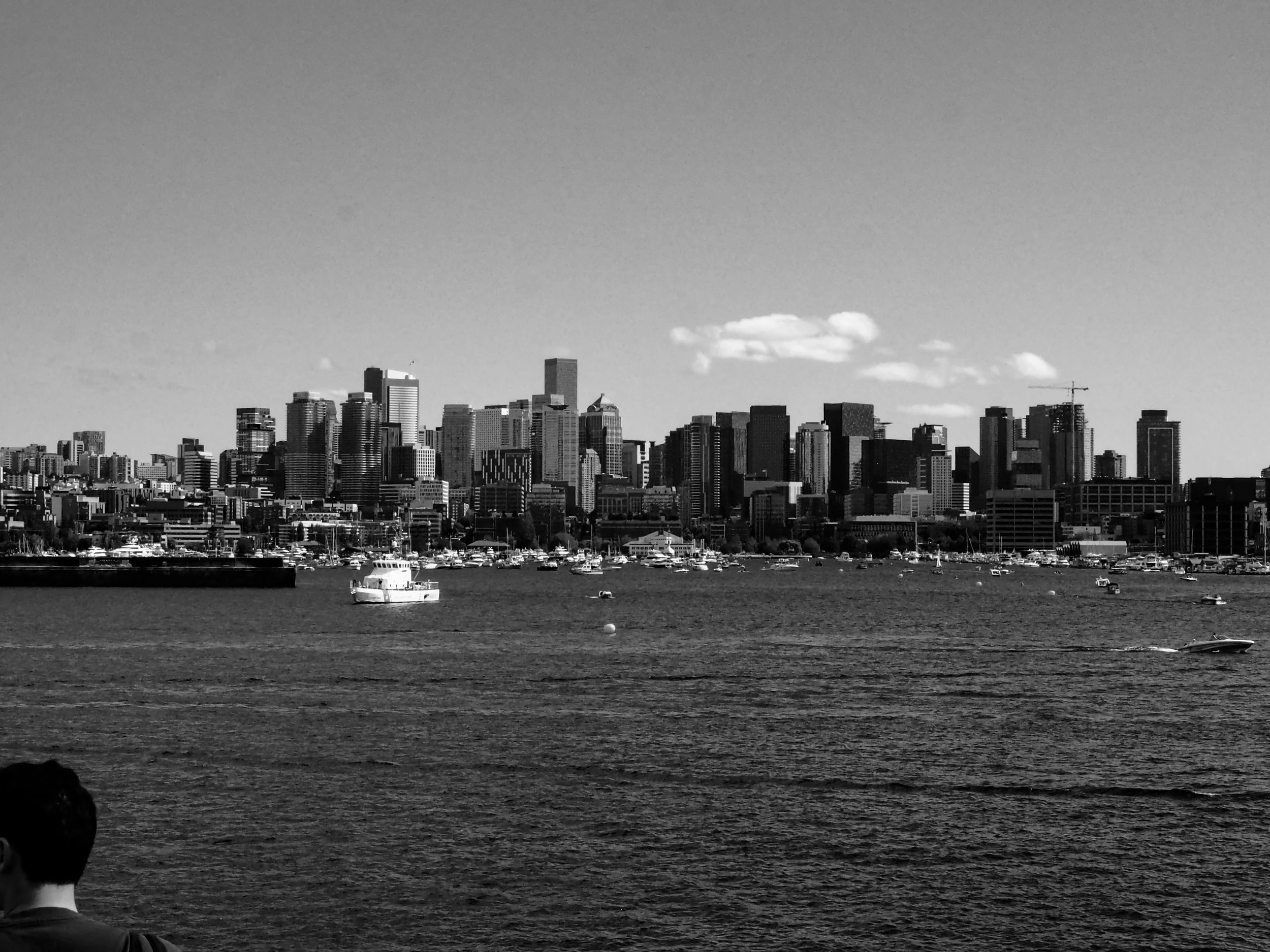 A black and white photograph of a city skyline with various high-rise buildings, above a body of water with boats and a person in the foreground.