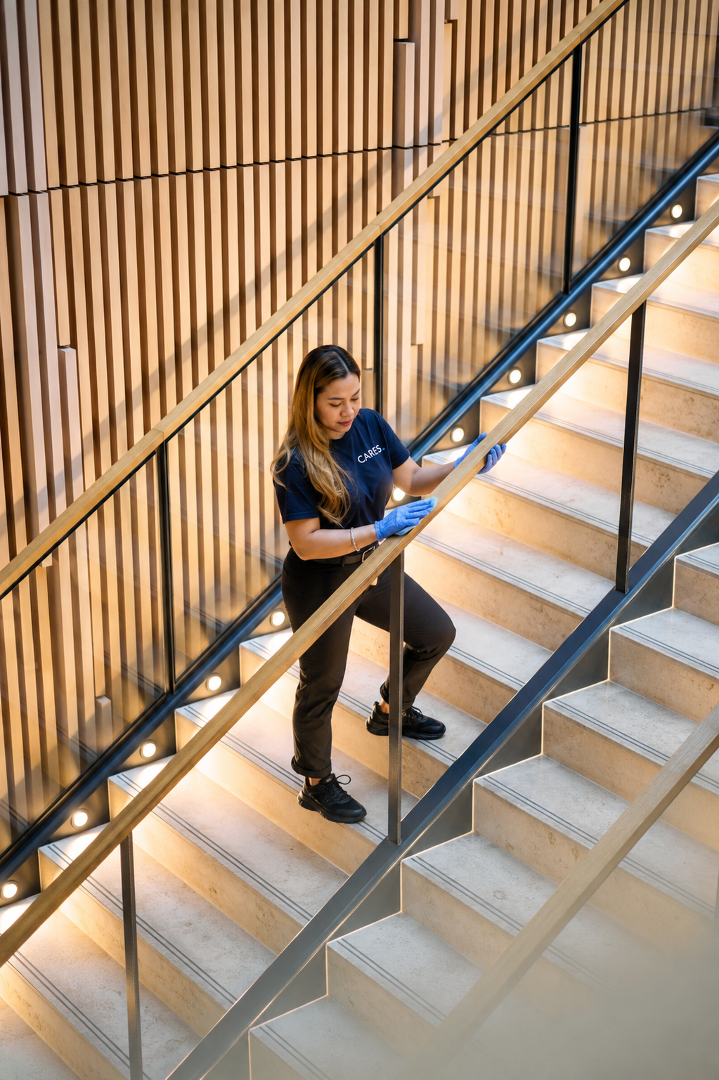 En kvinnelig renholder rengjør trappen i en moderne bygning, iført blå hansker og en blå uniform.