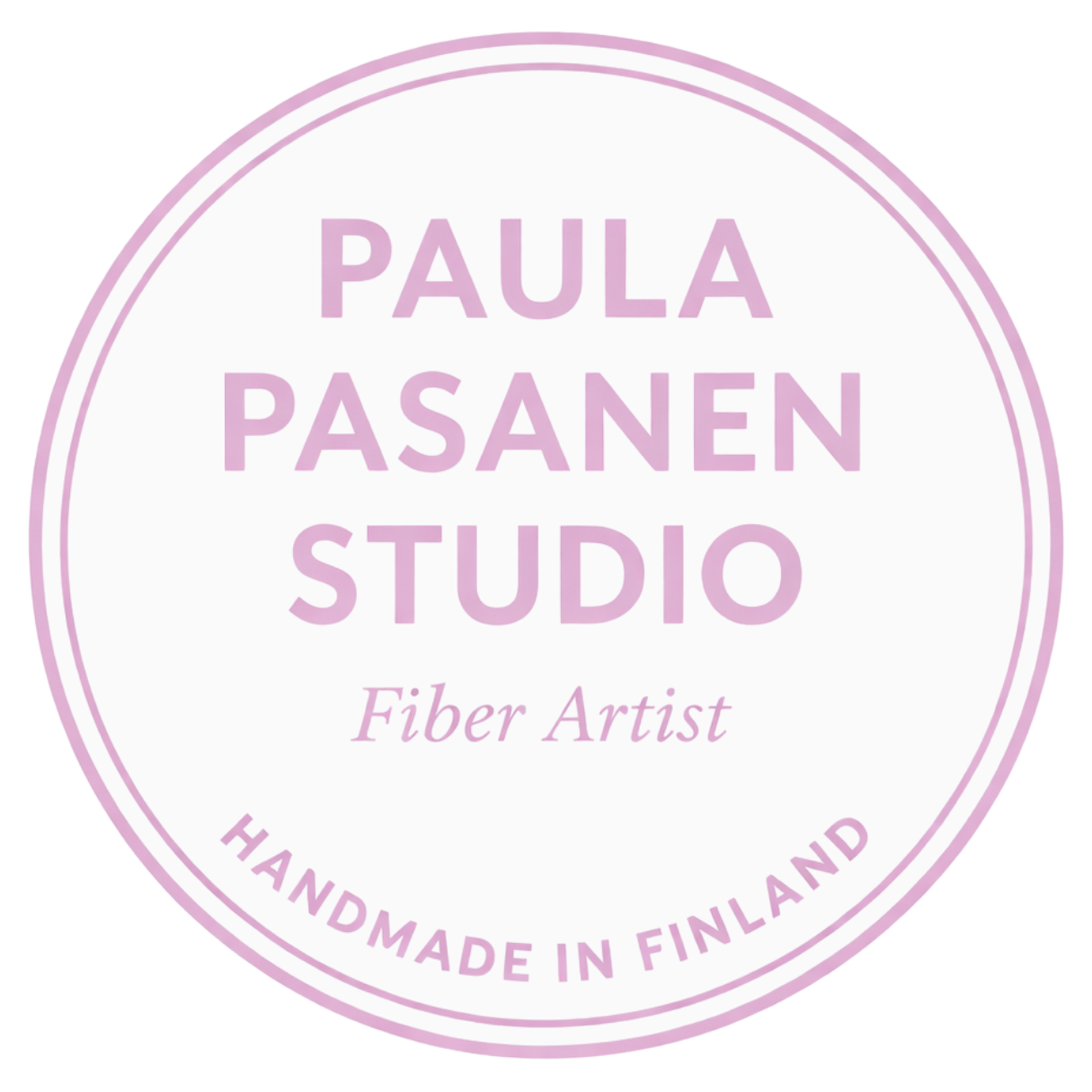 Pink and white circular sticker with the text 'Paula Pasanen Studio Fiber Artist Handmade in Finland' in pink letters.