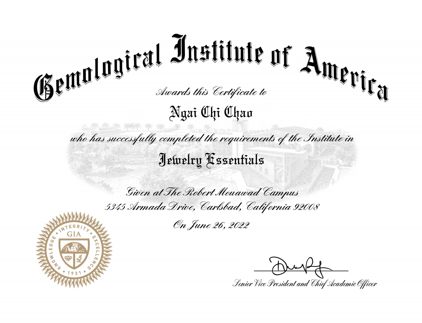 Certificate of achievement from the Gemological Institute of America awarded to Ngai Chi Chao for completing Jewelry Essentials on June 26, 2022, with the GIA logo at the bottom left.
