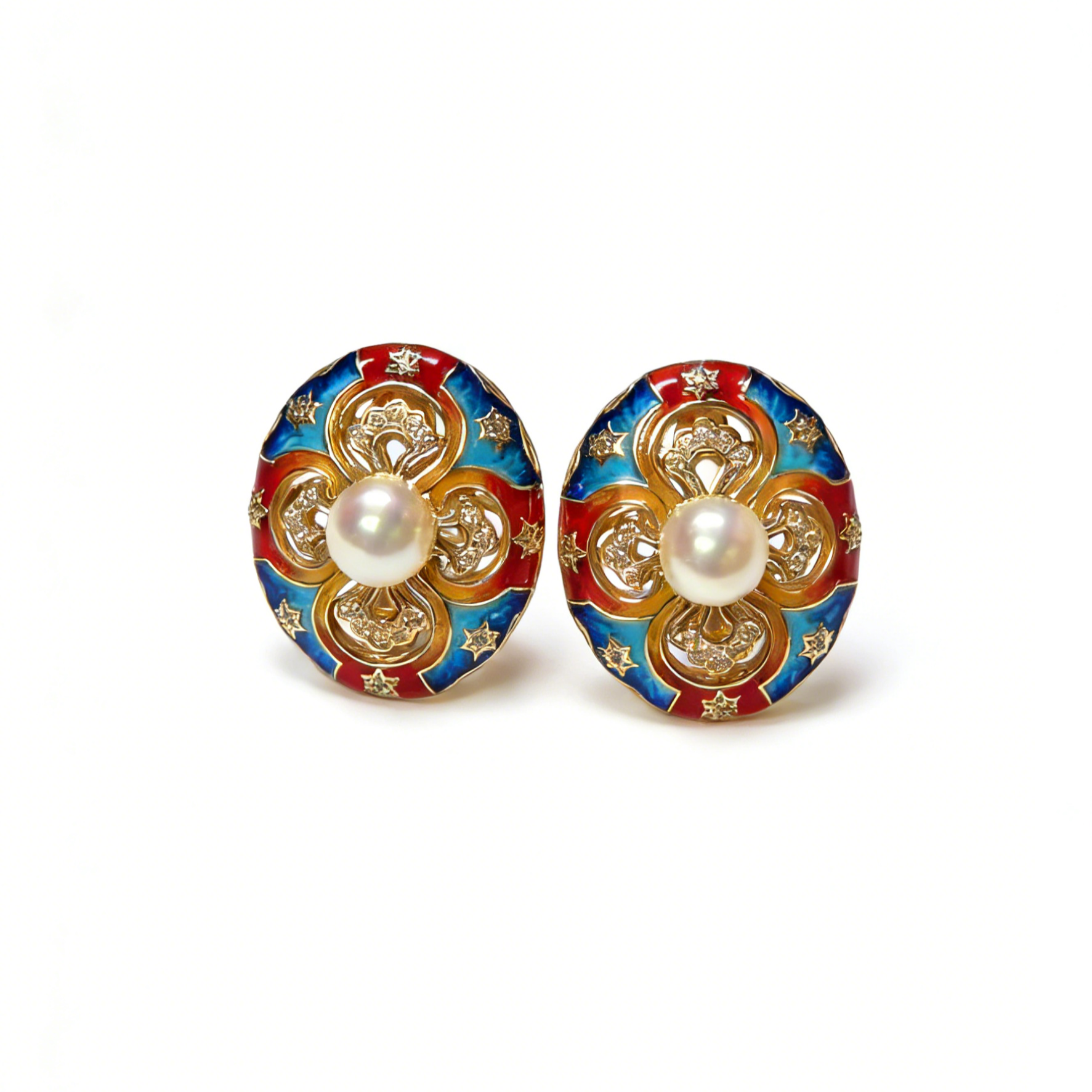 Artisan Enamel and Pearl Earrings