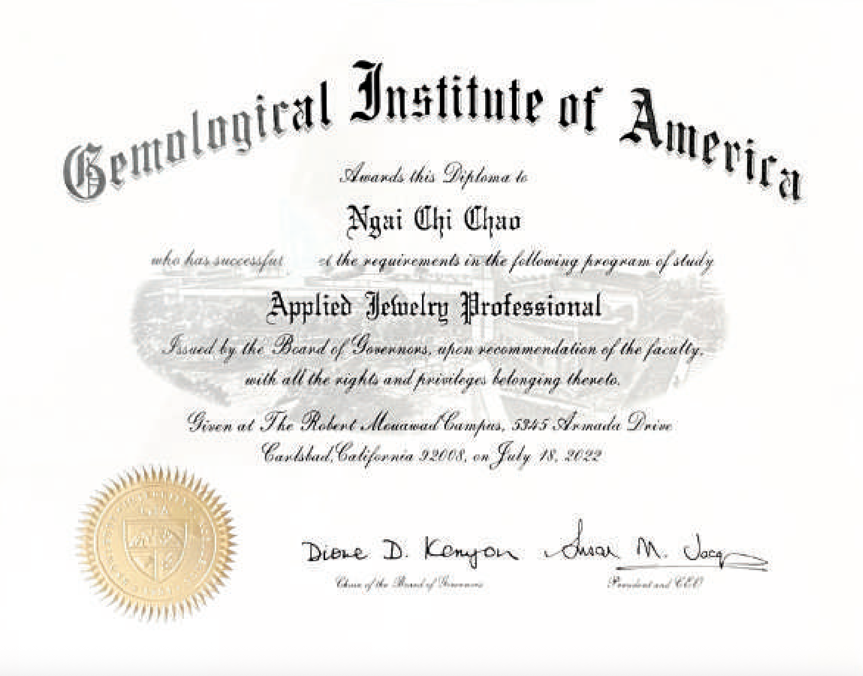Diploma from the Gemological Institute of America awarded to Ngai Chi Chao, signed by Dione D. Koyama, with a gold seal at the bottom left corner.