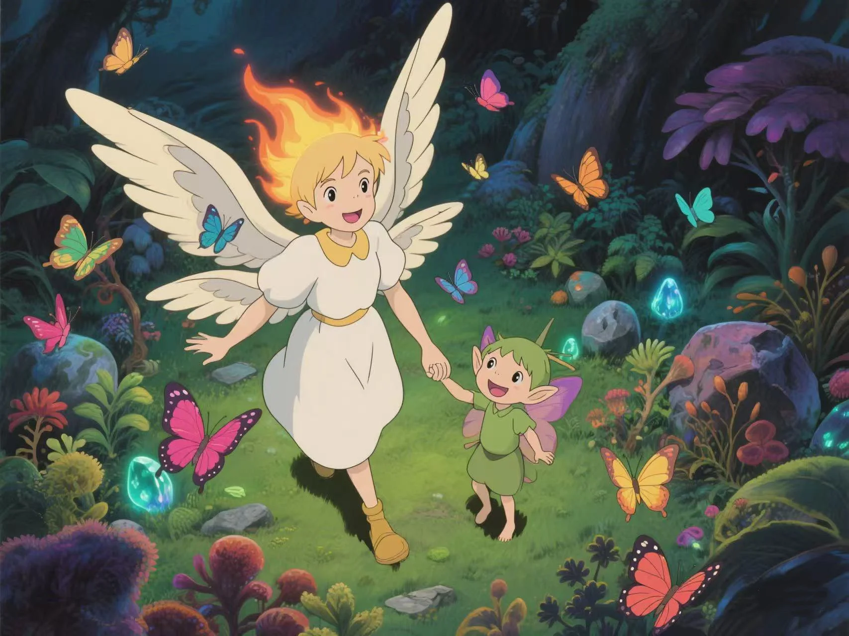 A fantasy scene featuring a winged girl with blonde hair and a fairy-like boy with green hair and wings, walking hand-in-hand through a vibrant, glowing forest filled with colorful butterflies, glowing stones, and lush plants.