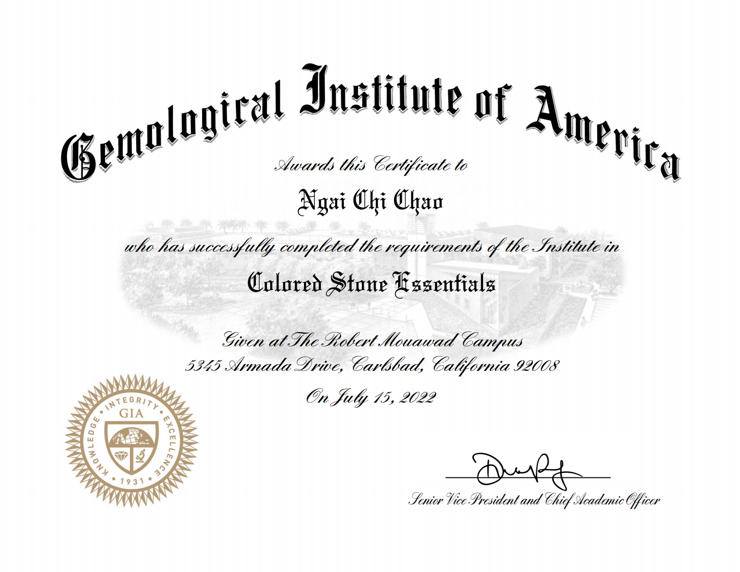 Certificate from the Genealogical Institute of America awarded to Ngai Chi Chao for completing the requirements in Colored Stone Essentials, dated July 15, 2022, with the GIA seal and a signature at the bottom.