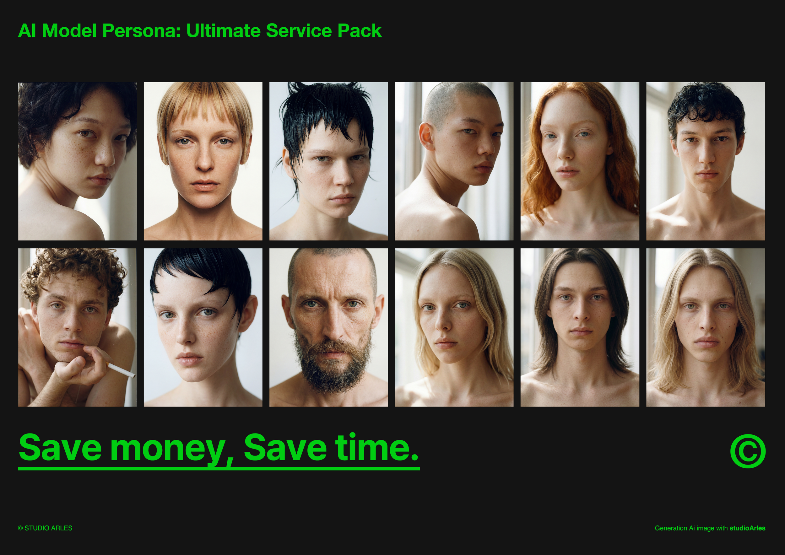 여러 개인의 얼굴 사진들이 겹쳐진 콜라주와 함께 'AI Model Persona: Ultimate Service Pack', 'Save money, Save time'라는 텍스트가 초록색으로 쓰여 있고, 오른쪽 하단에 'Generation AI image with StudioArles'라는 문구가 보임.
