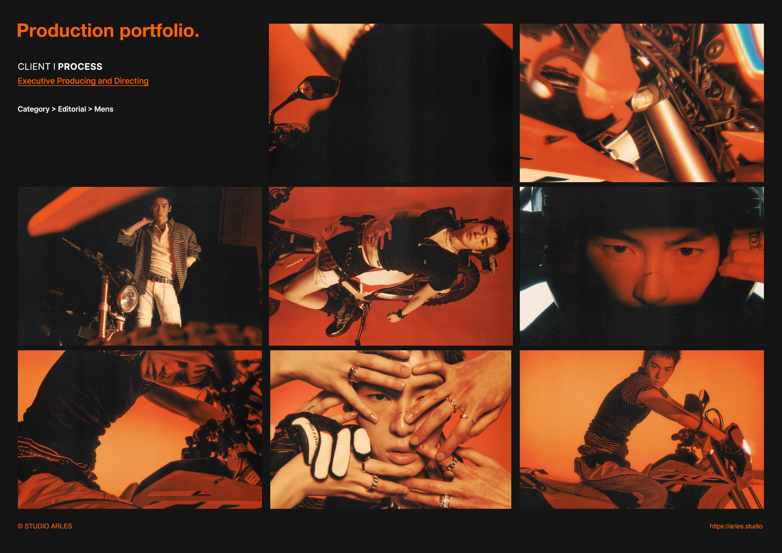 기본 검은색 배경에 주황색 글씨로 'Production portfolio.'라고 적혀 있으며, 오른쪽에는 여러 사진들이 오렌지 컬러 조명 아래에 촬영된 사람들과 오토바이, 헬멧 등의 이미지가 배치되어 있다. 왼쪽에는 'CLIENT | PROCESS'와 'Executive Producing and Directing'이 적혀 있으며, 하단에는 © STUDIO ARLES와 웹사이트 주소가 포함되어 있다.