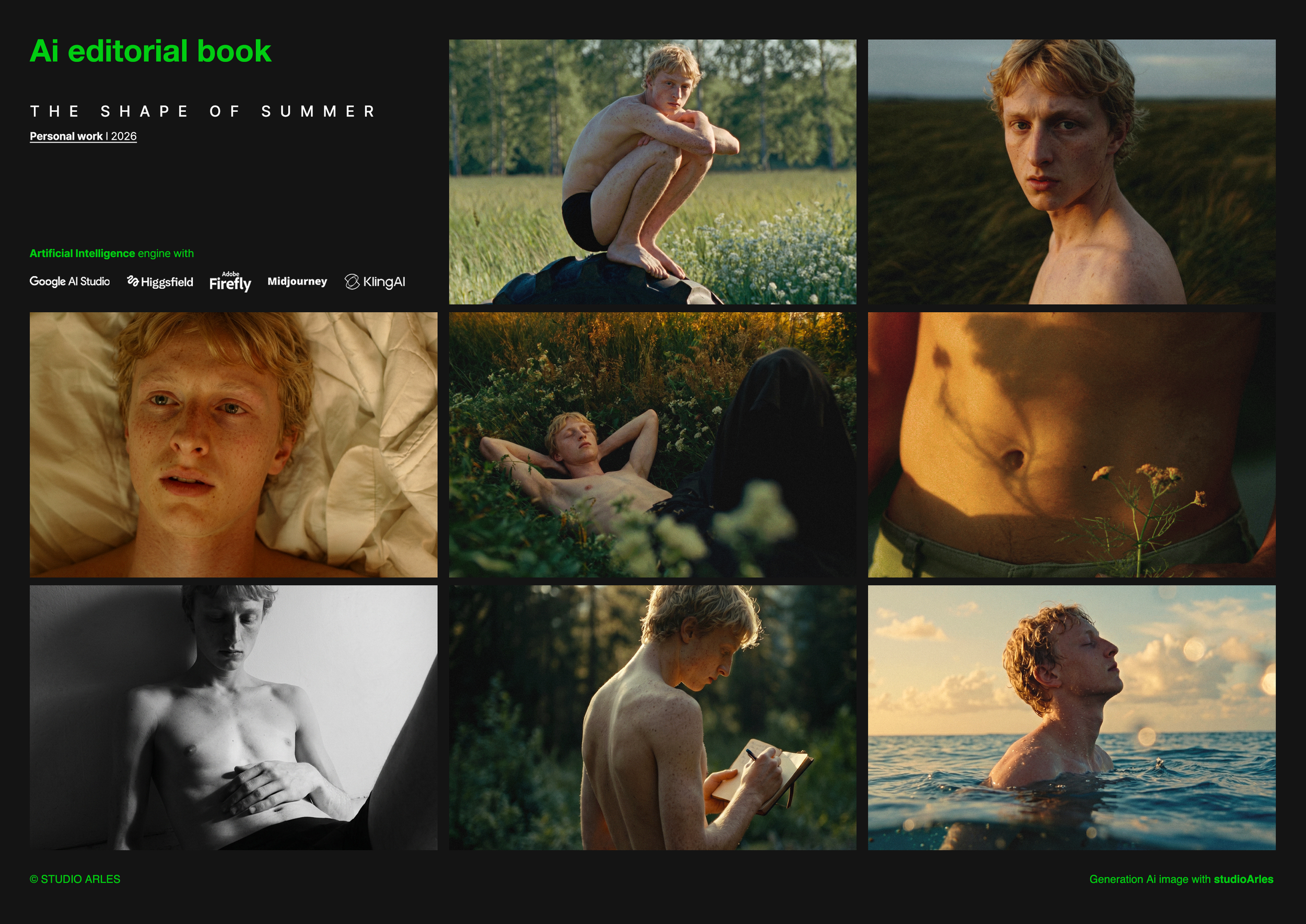 검은 배경에 흰 글씨로 'THE SHAPE OF SUMMER'와 'Personal work 2026', 그리고 로고와 함께 '인공지능 엔진' 관련 회사 로고들이 배치되어 있으며, 여러 자연 풍경에서 다양한 포즈를 취하는 젊은 남성의 사진들이 배열되어 있음.