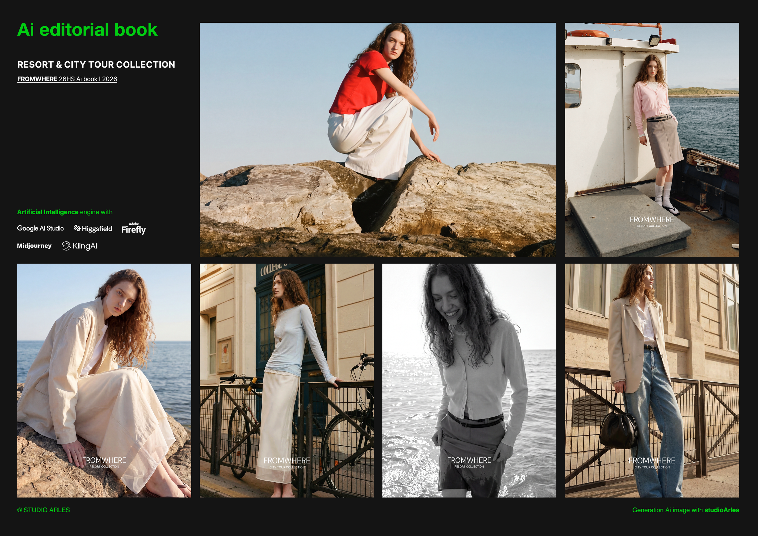 해변과 도시 배경에서 다양한 테마의 여성 모델 사진 모음, 검은 배경 위에 흰 글씨로 'Ai editorial book', 'RESORT & CITY TOUR COLLECTION', 'FROMWHERE 26HS Ai book | 2026', 그리고 그래픽 및 사진 로고와 텍스트가 포함됨.
