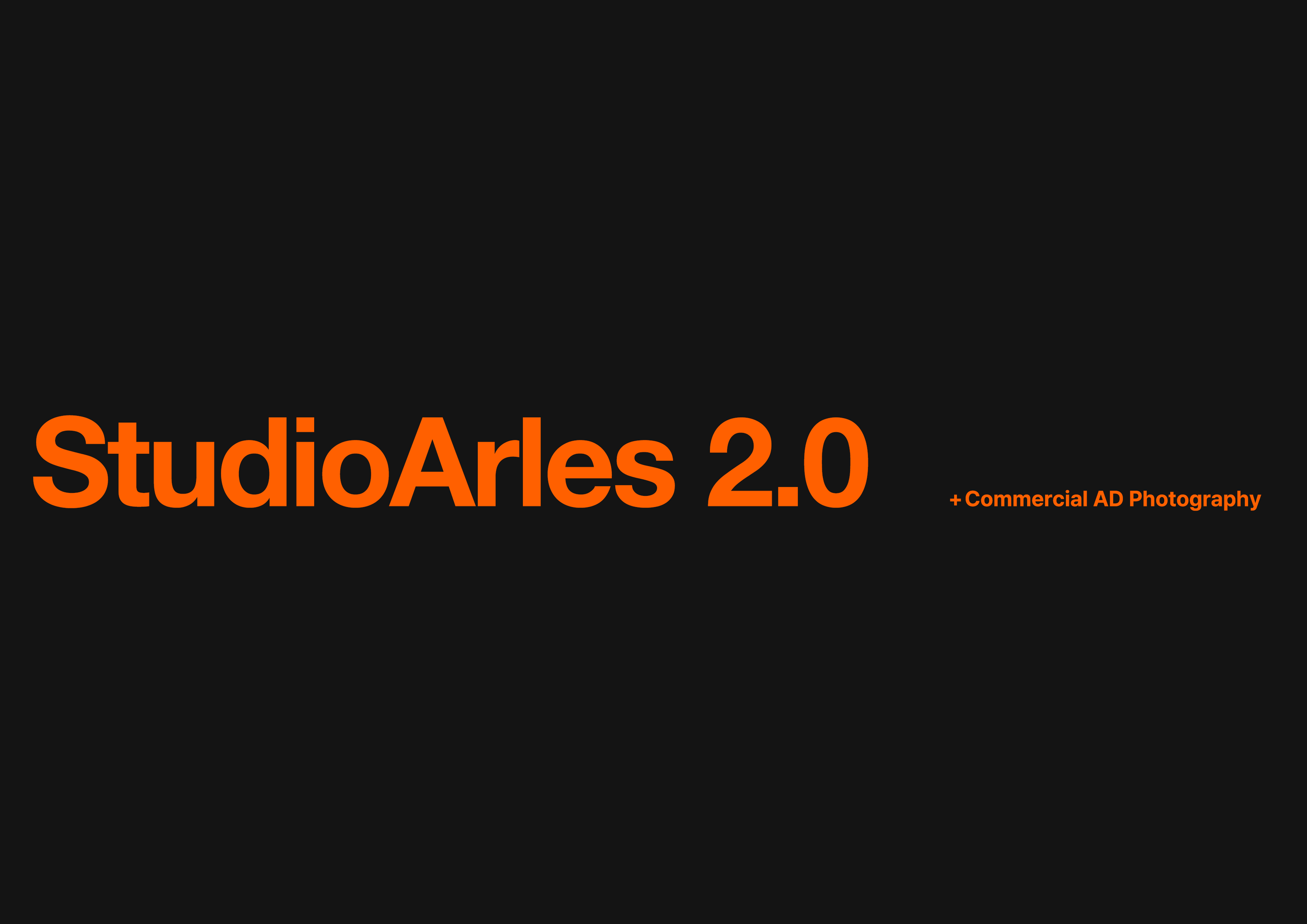 검은 배경에 주황색 글씨로 'StudioArles 2.0'과 그 아래에 작은 글씨로 '+ Commercial AD Photography'가 적혀 있는 그래픽 디자인입니다.