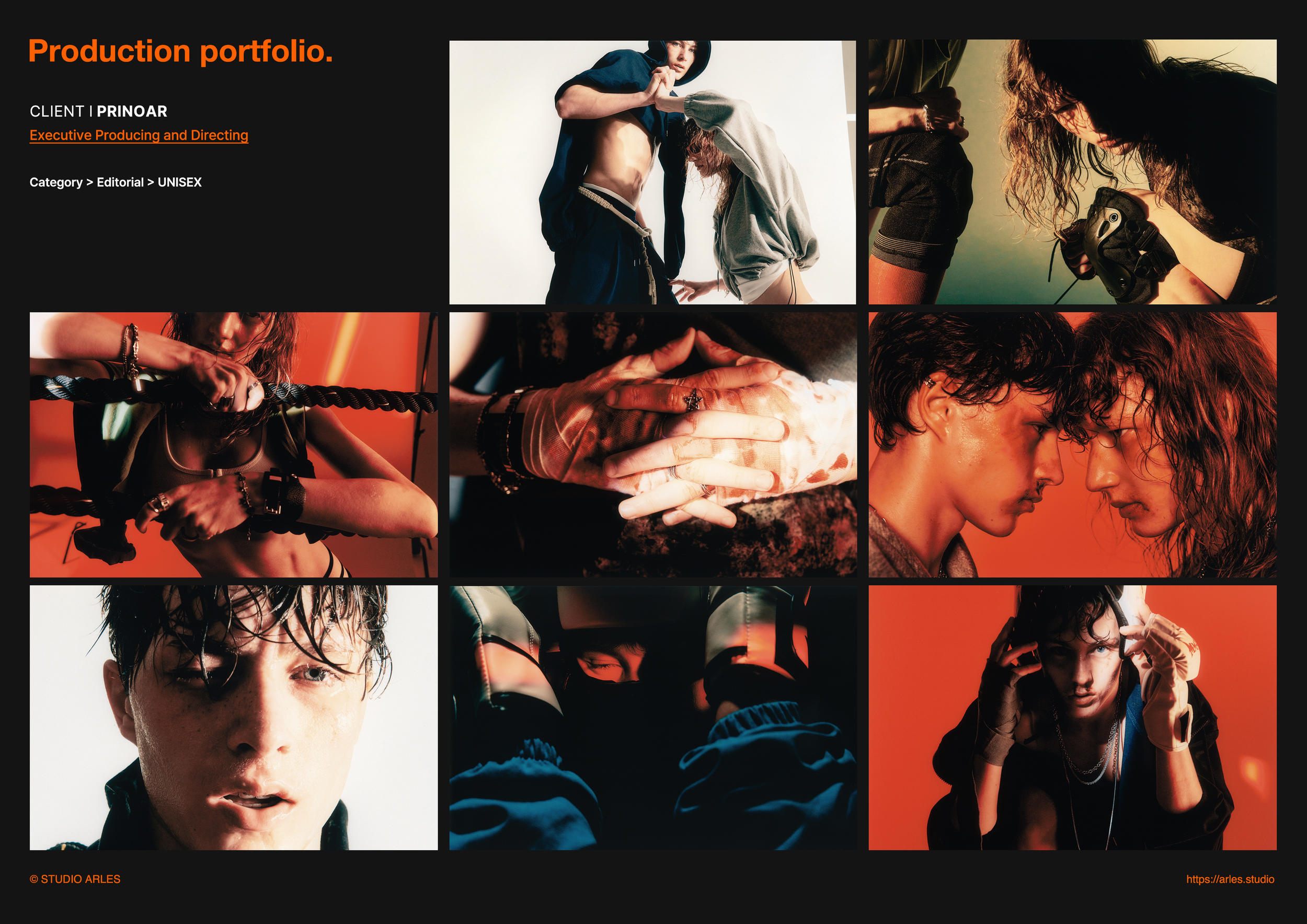 검은 배경에 'Production portfolio.'라는 제목과 함께 여러 스타일의 사진이 배치된 포트폴리오 페이지. 여러 사람들이 다양한 포즈를 취하고 있으며 일부는 강렬한 조명 아래에서 촬영됨. 왼쪽 하단에 © STUDIO ARLES와 웹사이트 주소 https://arles.studio가 적혀 있음.