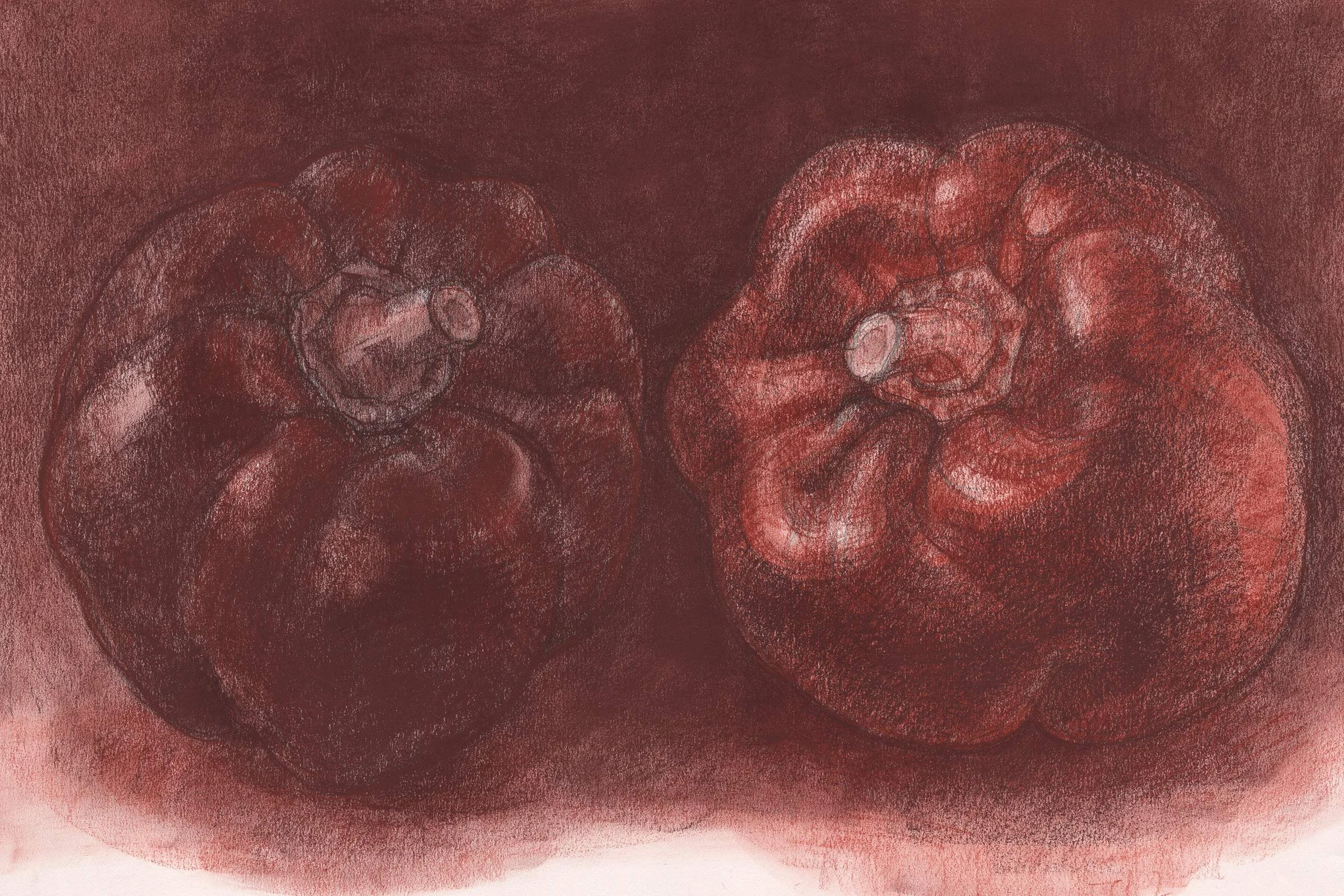 Aquarellbild mit roten, runden Peperonis auf dunklem Hintergrund