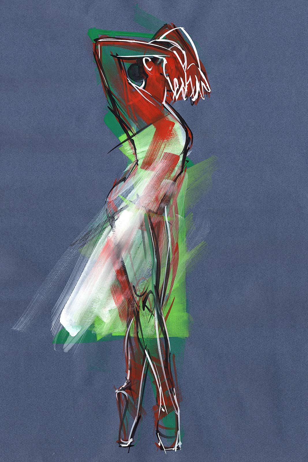Abstrakte farbige Illustration einer weiblichen Figur mit langen Haaren, die den Kopf mit beiden Händen hält.