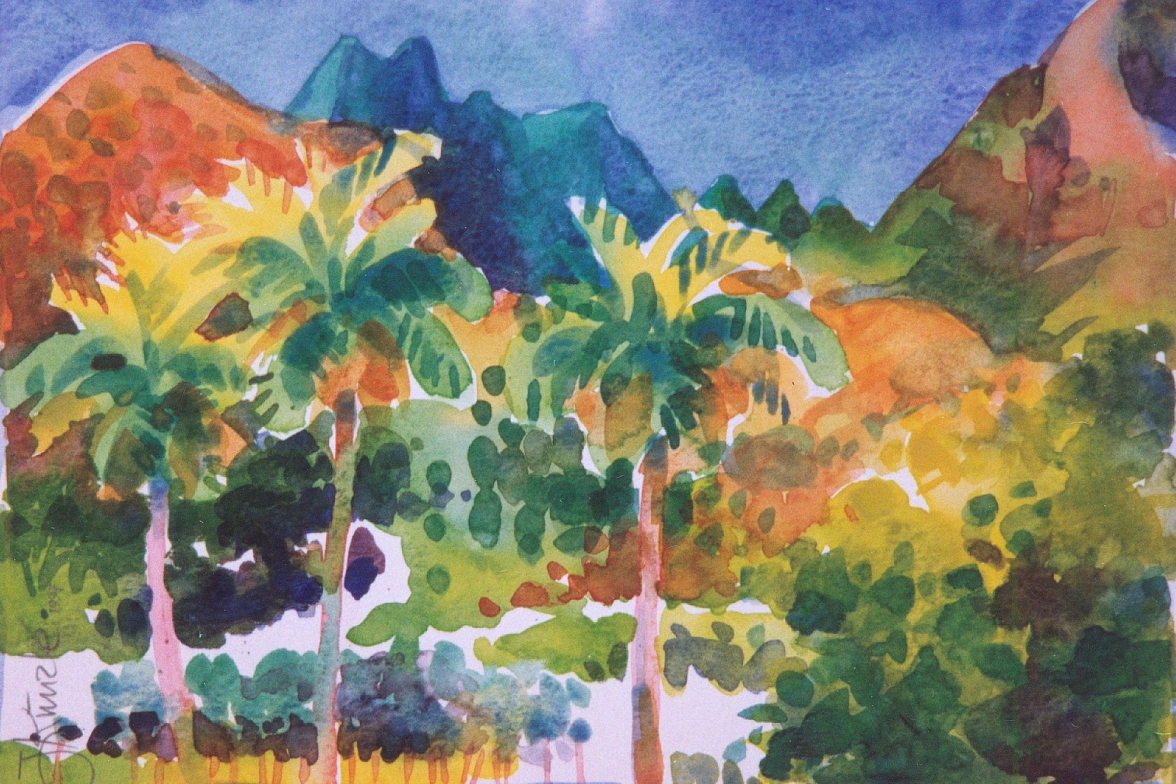 Aquarellbild von Palmen vor Bergen im Hintergrund, im Himmel blauer Farbton.