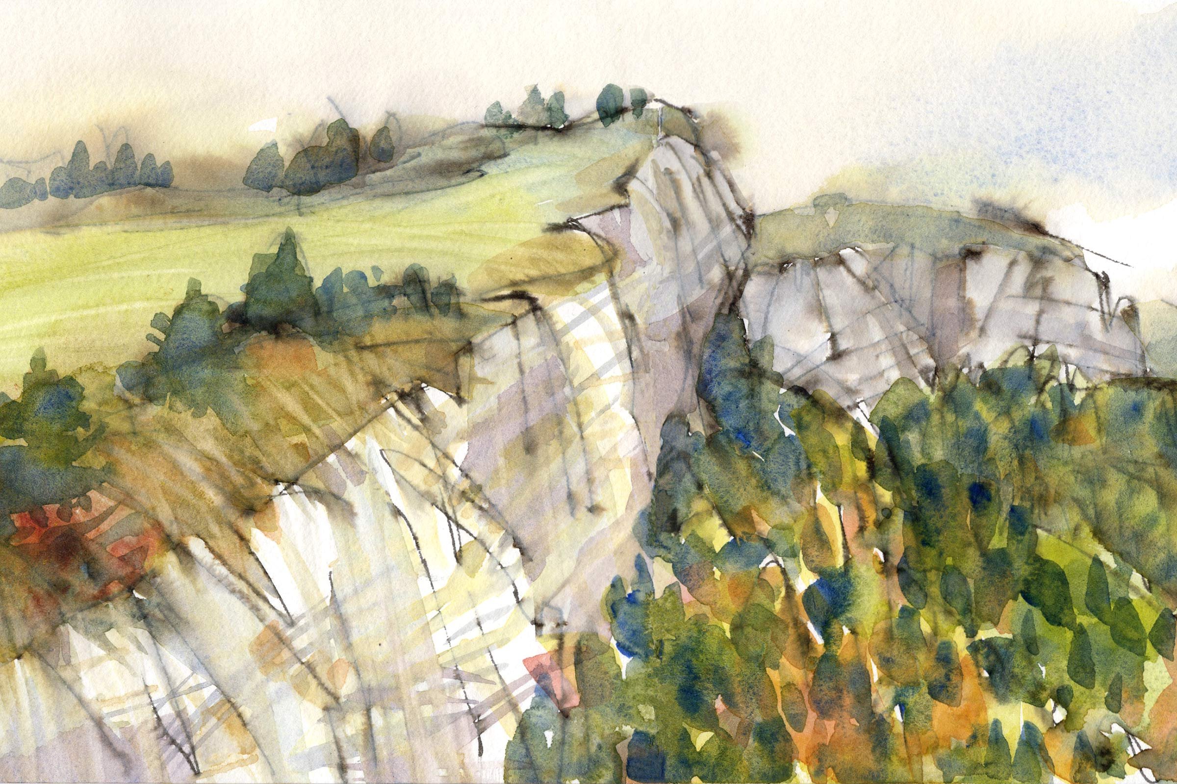 Aquarellmalerei von einer Landschaft mit Bergen, Bäumen und Wäldern in sanften Farben.