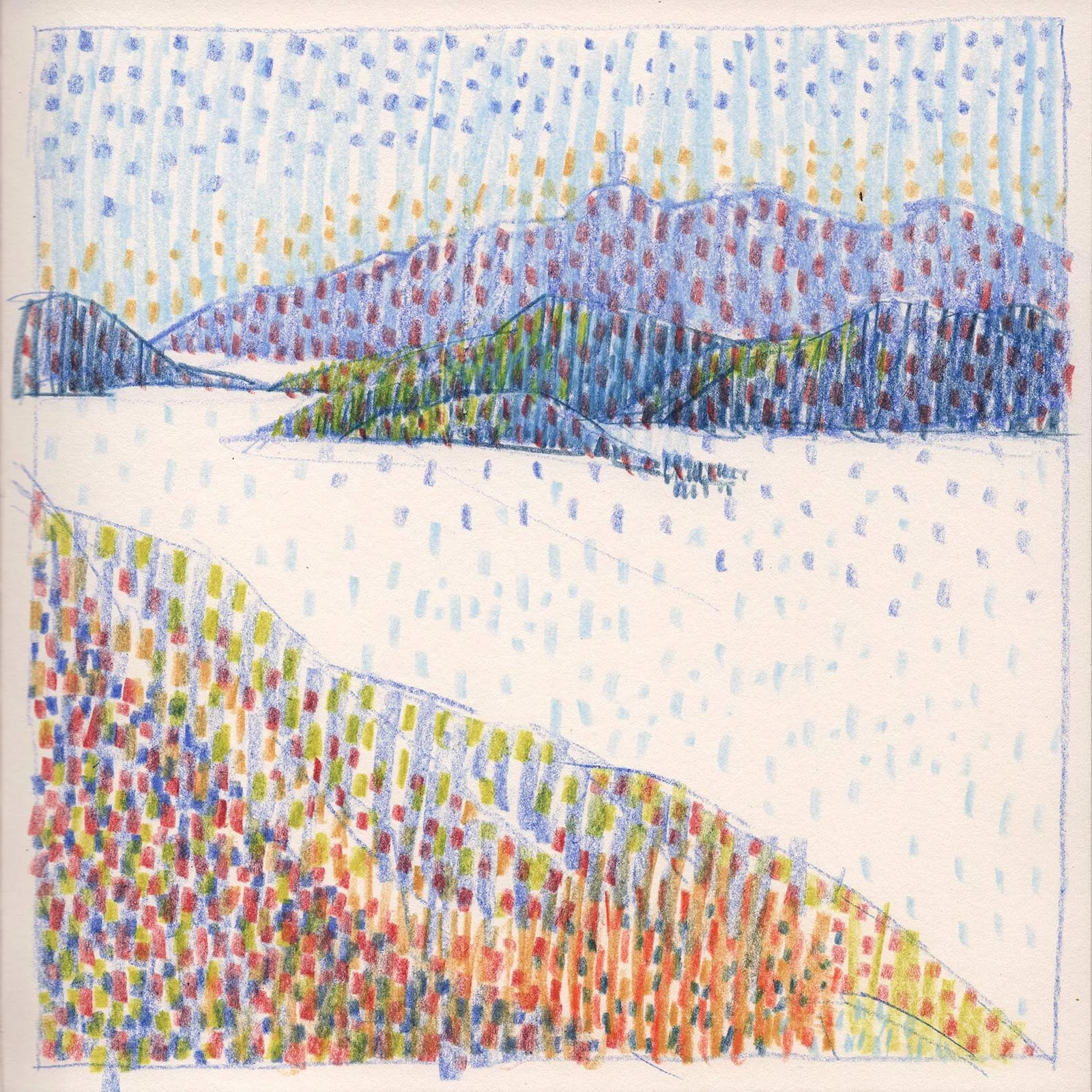 Handgezeichnetes Bild mit bunten, gestapelten Hügeln, blauen Linien und vielen Farben. Abstrakte Landschaft mit verschiedenen Ebenen und Farbflächen.