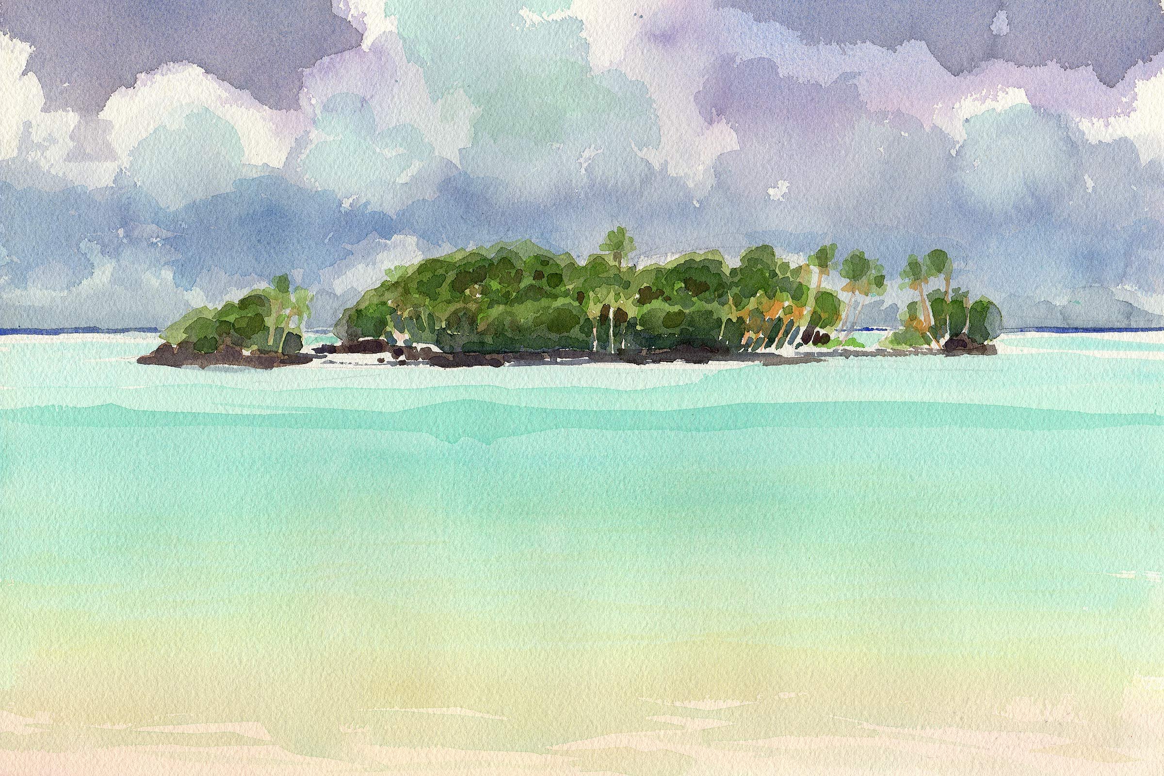 Eine Wasserfarbe-Aquarellmalerei zeigt eine kleine, grüne Insel im Wasser mit bewaldeten Hügeln und einigen Palmen, über denen ein bewölkter Himmel hängt.