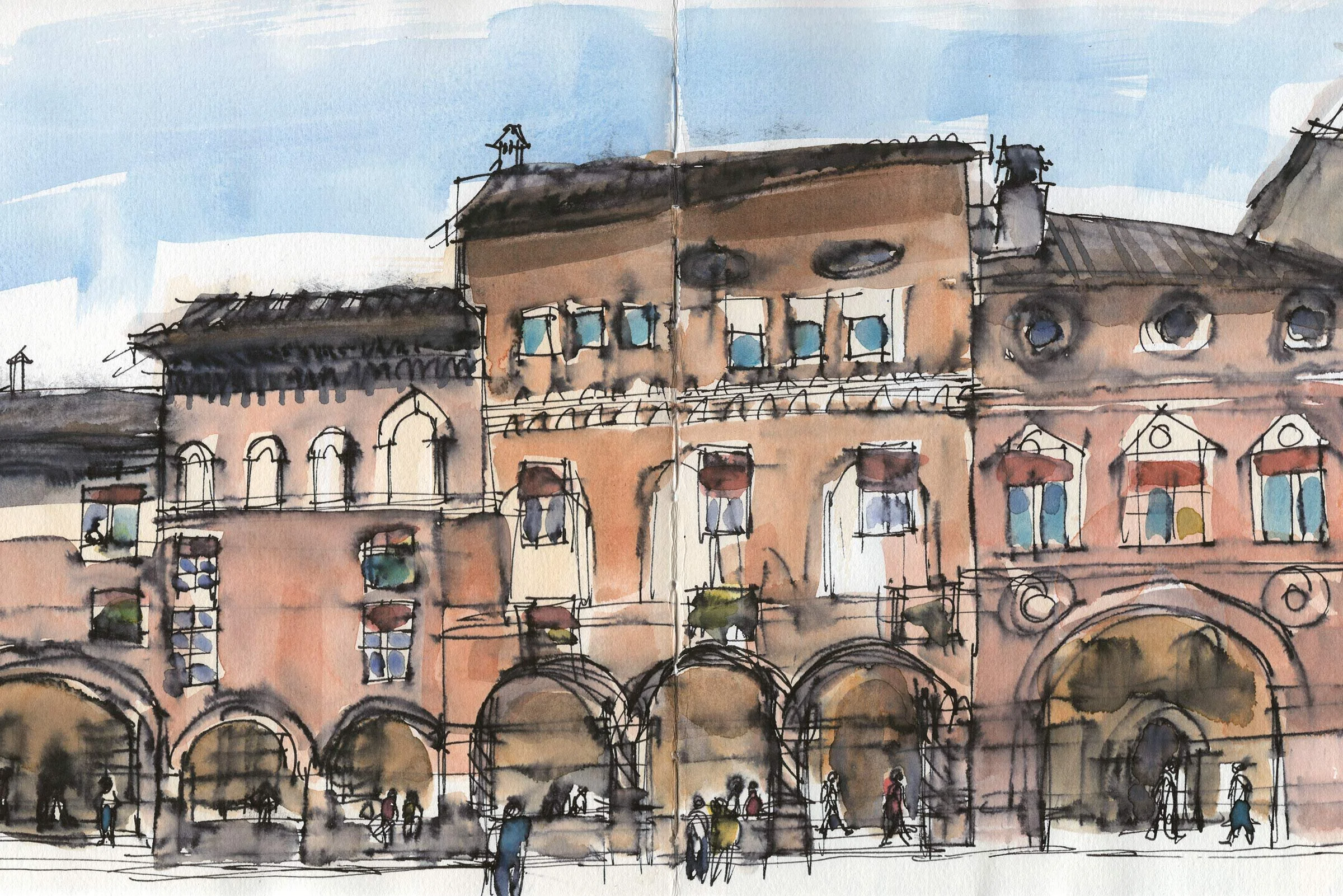 Aquarellbild eines historischen Gebäudes mit mehreren Fenstern und Balustraden, Menschen auf der Straße und einer blauen Himmelsterne.