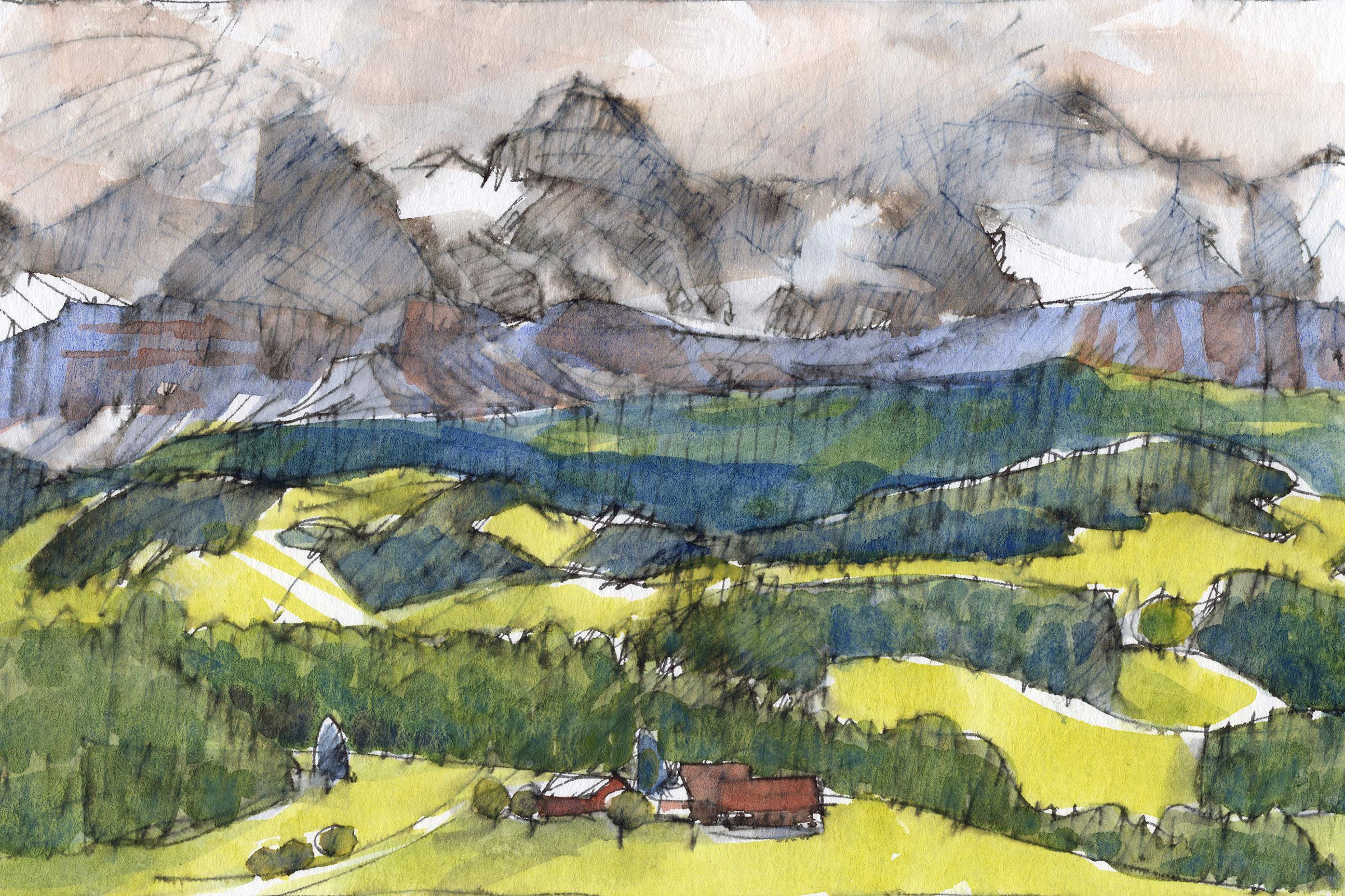 Aquarellmalerei einer bergigen Landschaft mit grünen Wiesen und kleinen Häusern im Vordergrund.