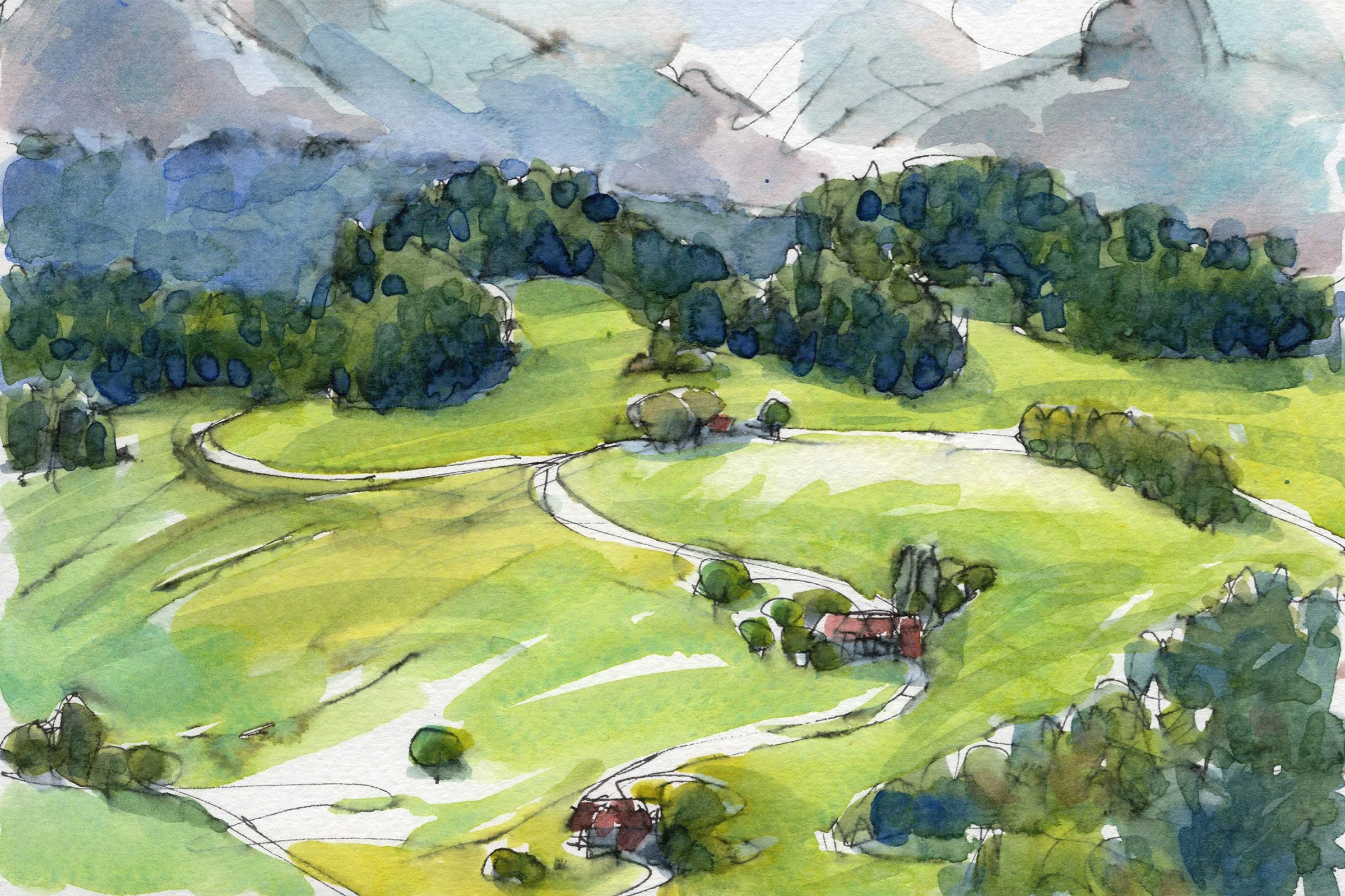 Aquarellmalerei einer grünen Landschaft mit Hügeln, Bäumen und einem kleinen Haus, Wolken am Himmel.