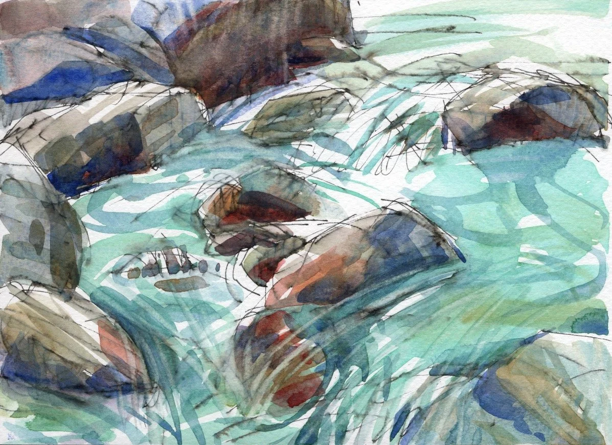 Ein Aquarellgemälde eines fliessenden Gebirgsbachs mit Felsen und klar strömendem Wasser.