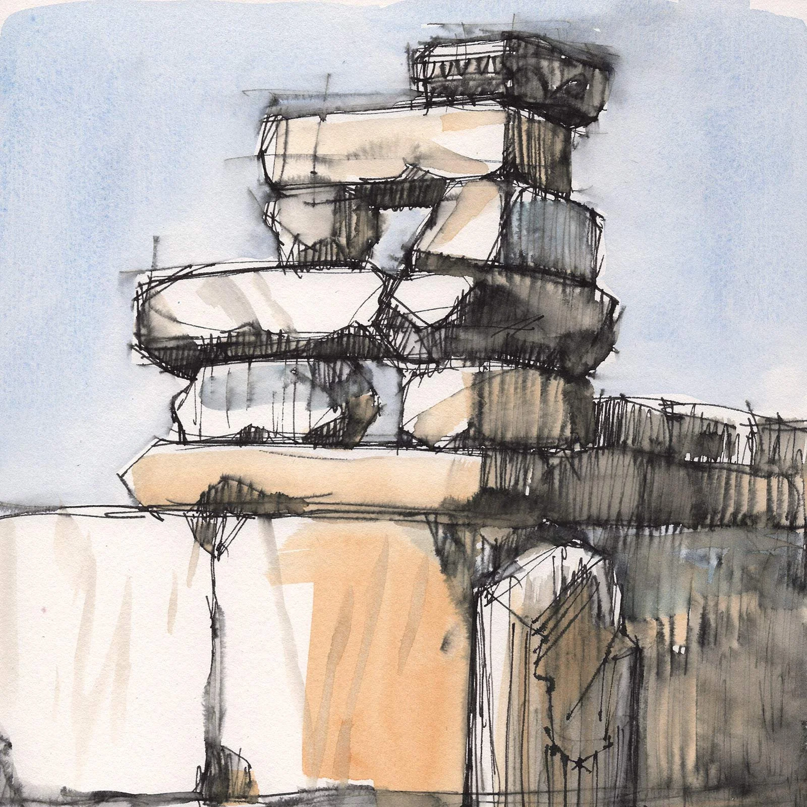 Aquarellzeichnung eines skizzenhaften Gebäudes mit mehreren Ebenen