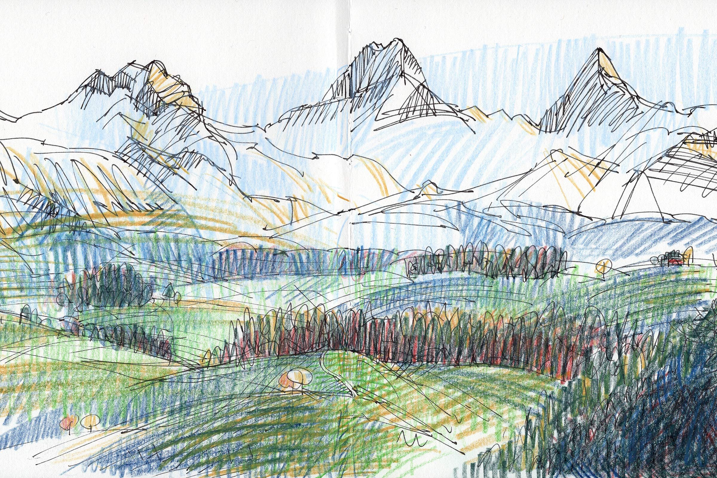 Zeichnung einer Berglandschaft mit hohen Schneegipfeln, Wäldern im Vordergrund und einem blauen Himmel.